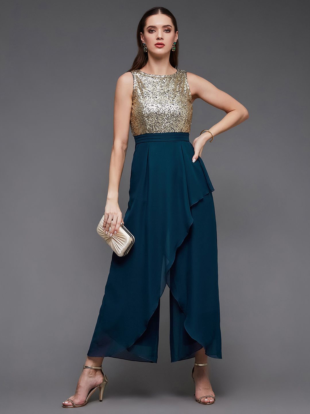 

Miss Chase Self Design Round Neck Basic Jumpsuit, Teal