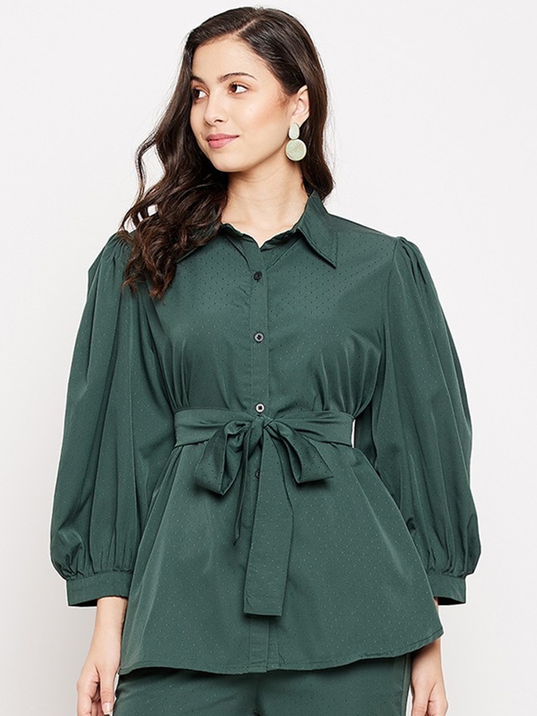 

Fashfun Puff Sleeve Tie-Ups Crepe Shirt Style Top, Green