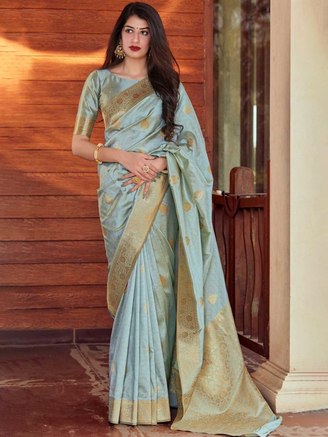 

HOLLYBEE TELLS Ethnic Motifs Zari Silk Blend Banarasi Saree, Blue