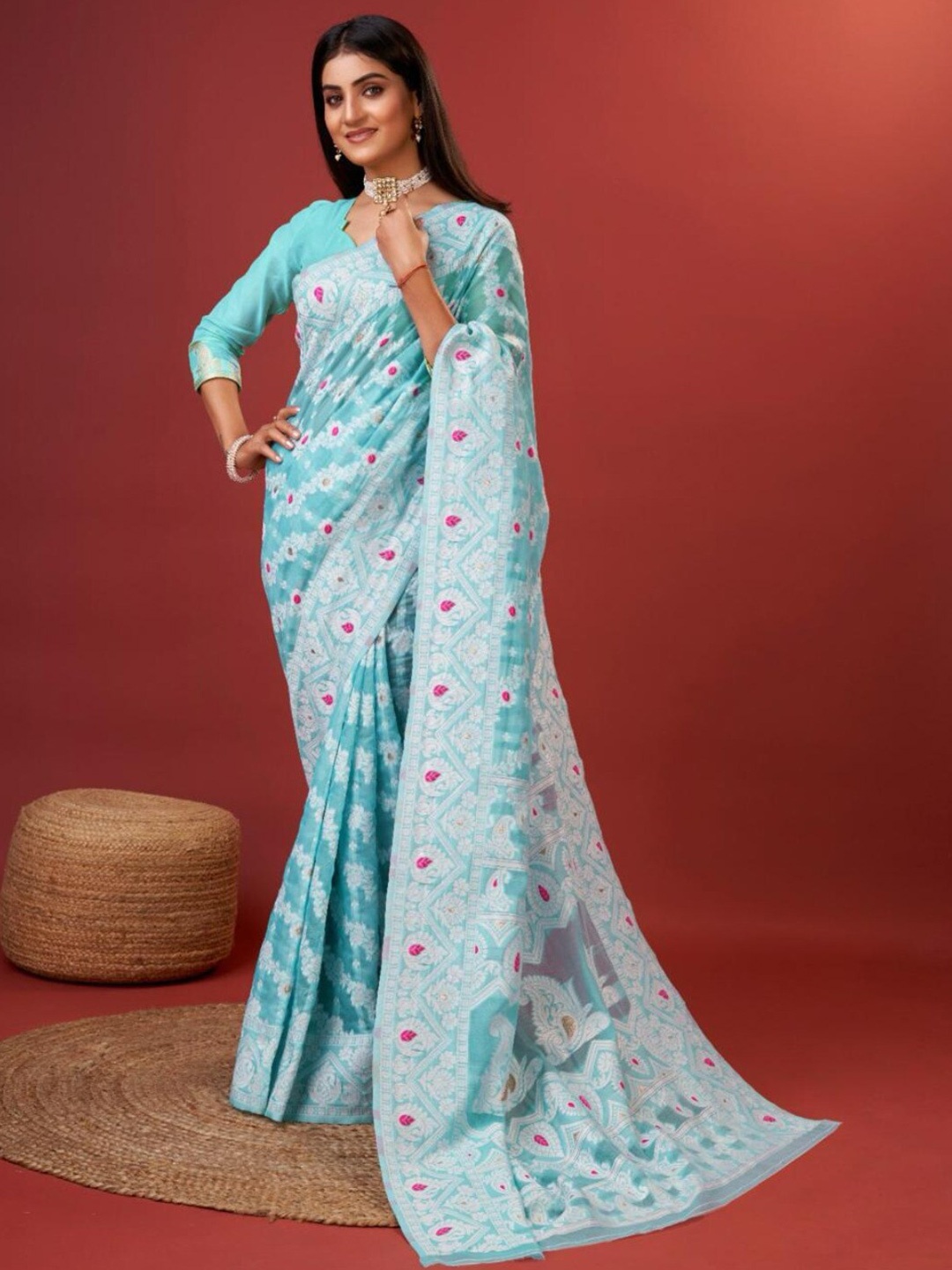 

HOLLYBEE TELLS Ethnic Motifs Zari Silk Blend Banarasi Saree, Blue