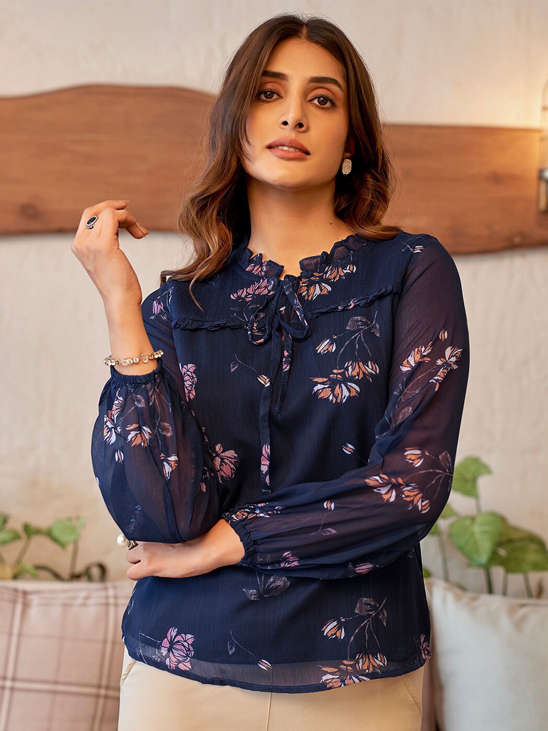 

Selvia Floral Printed Tie-Up Neck Top, Navy blue
