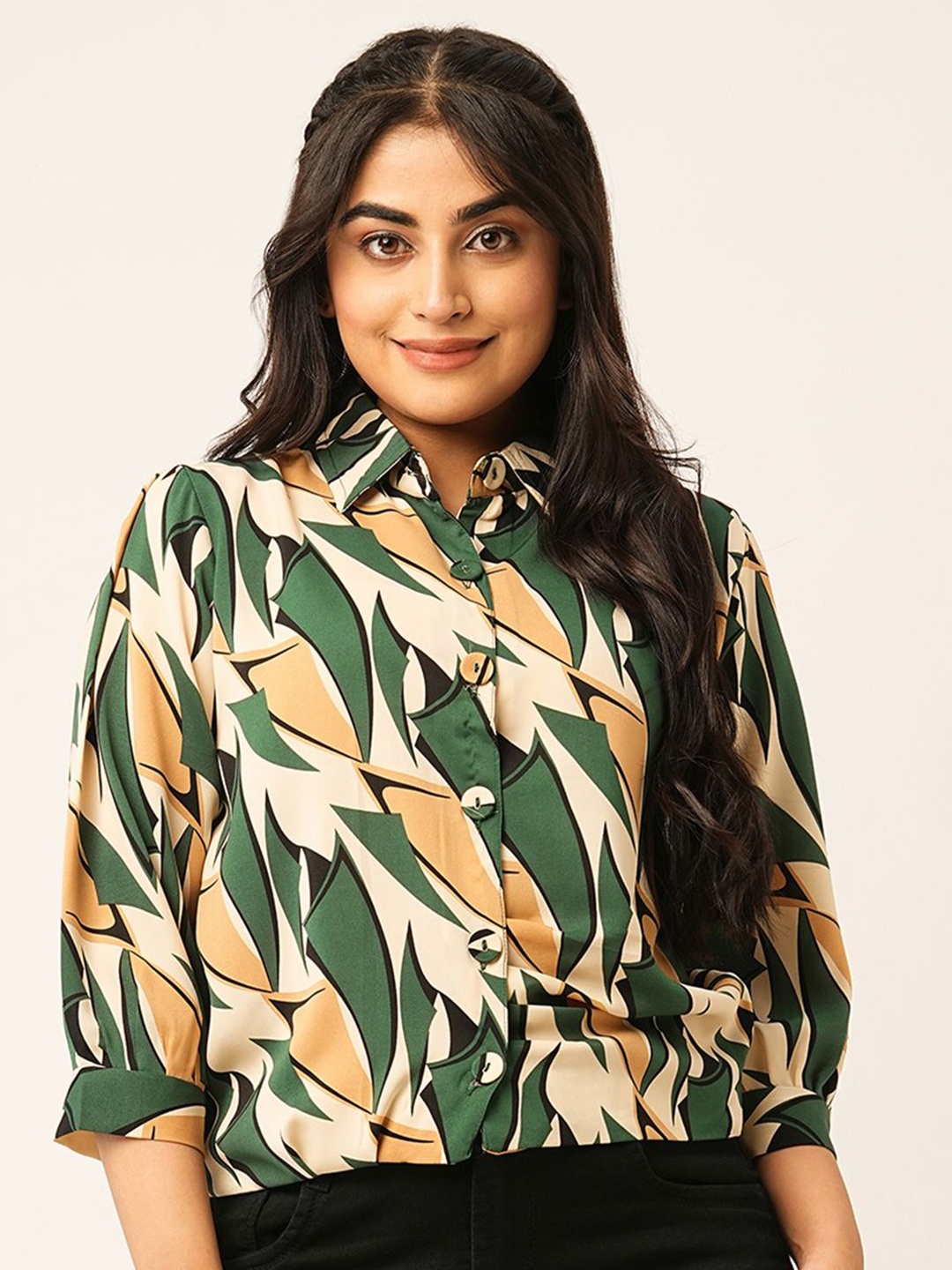 

ODETTE Tropical Printed Shirt Style Top, Green