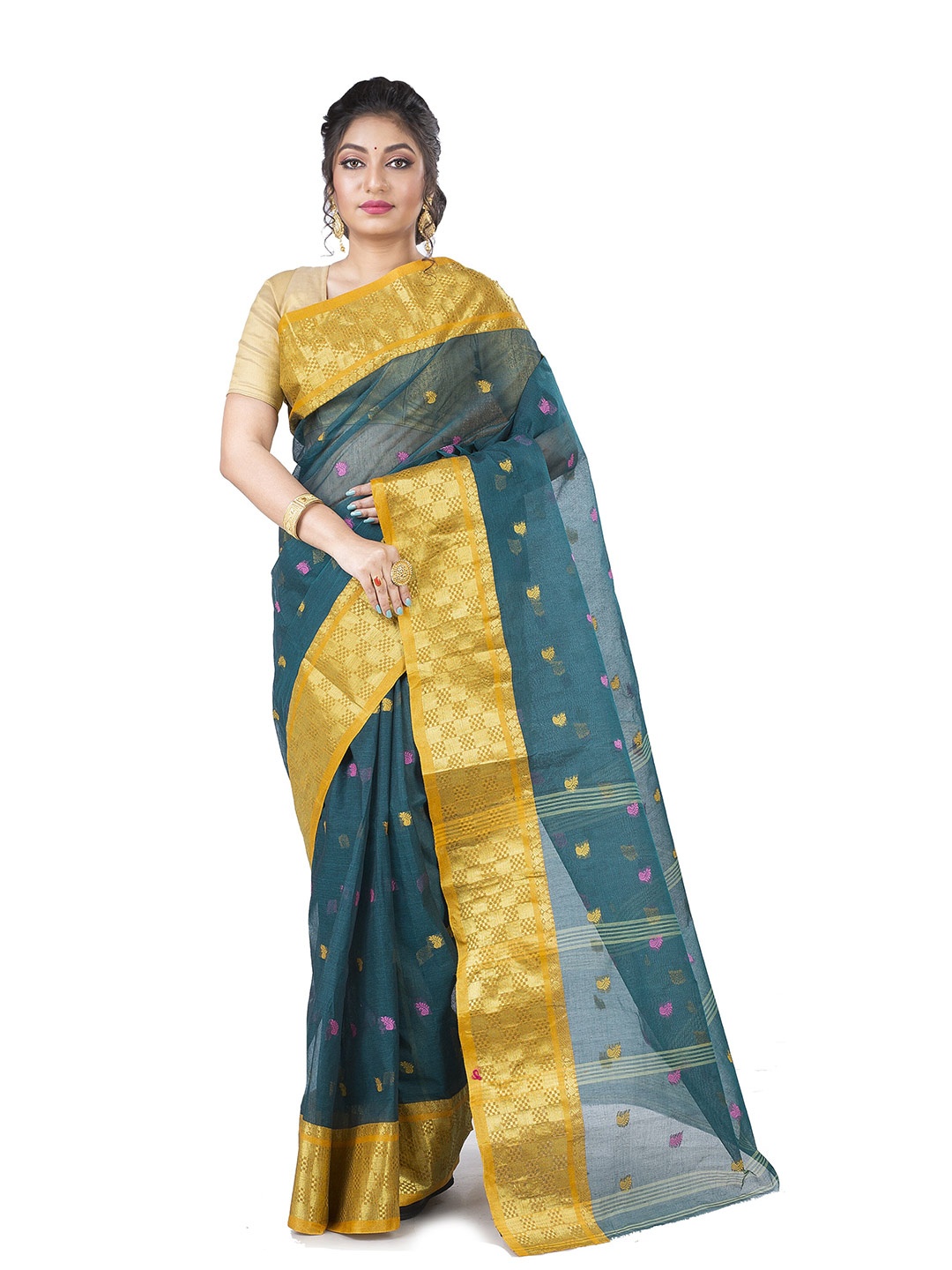 

SLAGHA Woven Design Zari Pure Cotton Taant Saree, Sea green