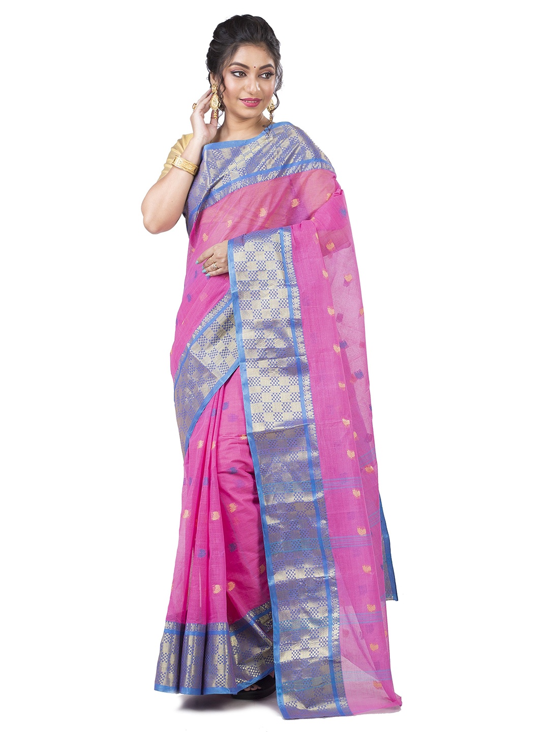 

SLAGHA Woven Design Zari Pure Cotton Taant Saree, Pink
