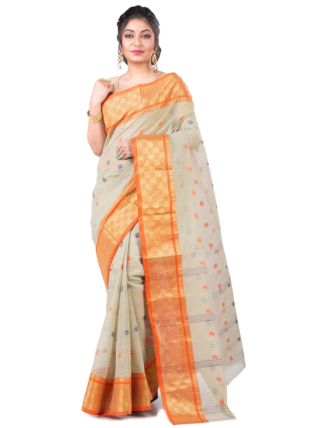 

SLAGHA Woven Design Zari Pure Cotton Taant Saree, Beige