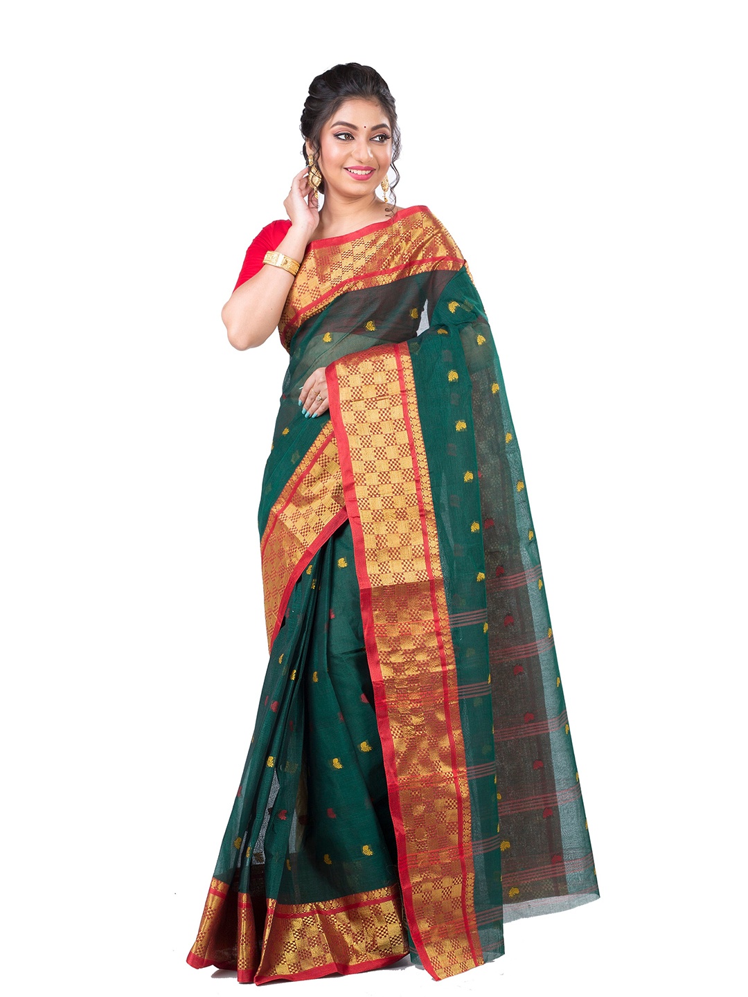 

SLAGHA Woven Design Zari Pure Cotton Taant Saree, Green