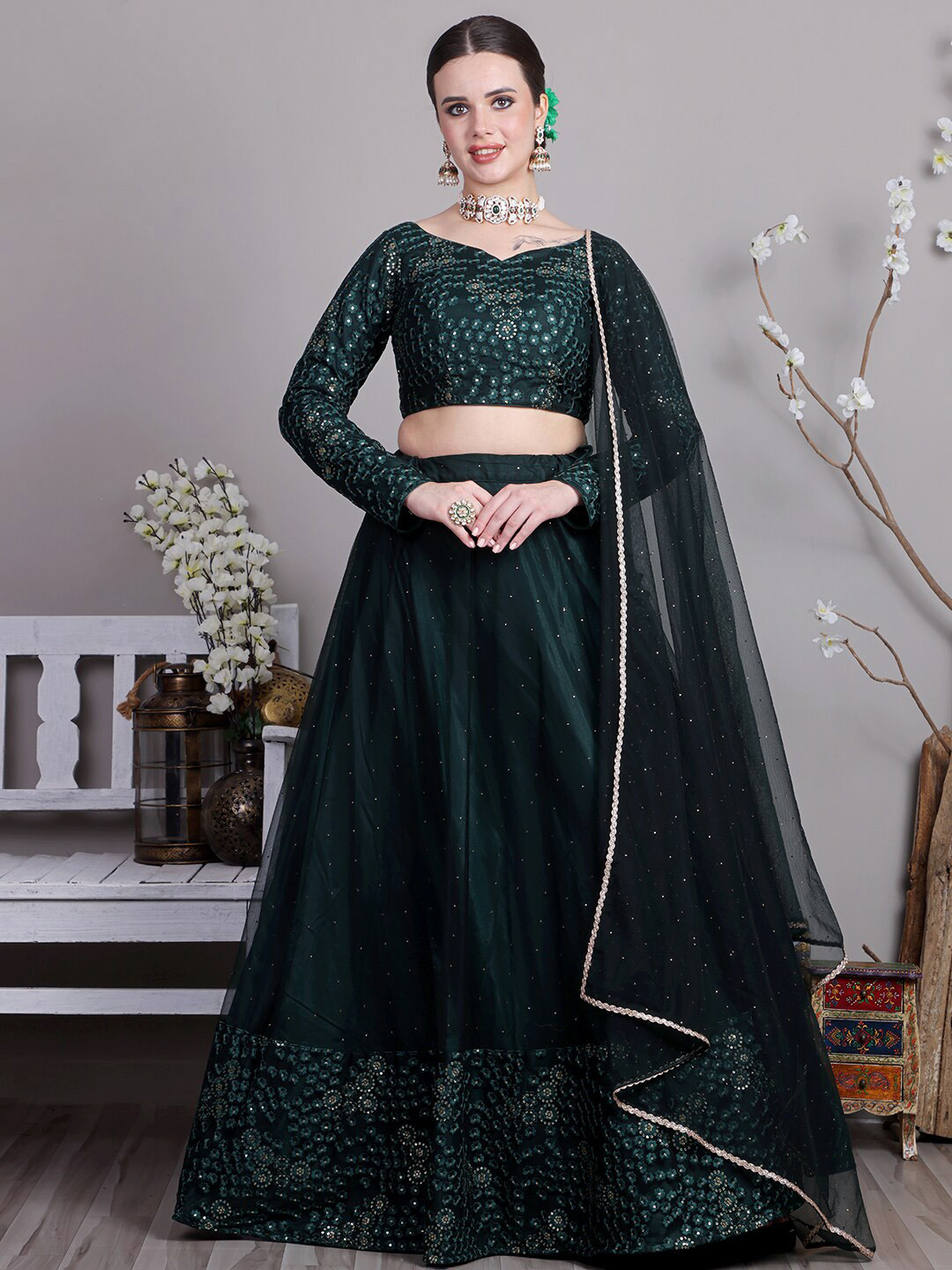 

Ethnovog Embroidered Beads and Stones Ready to Wear Lehenga & Blouse With Dupatta, Green