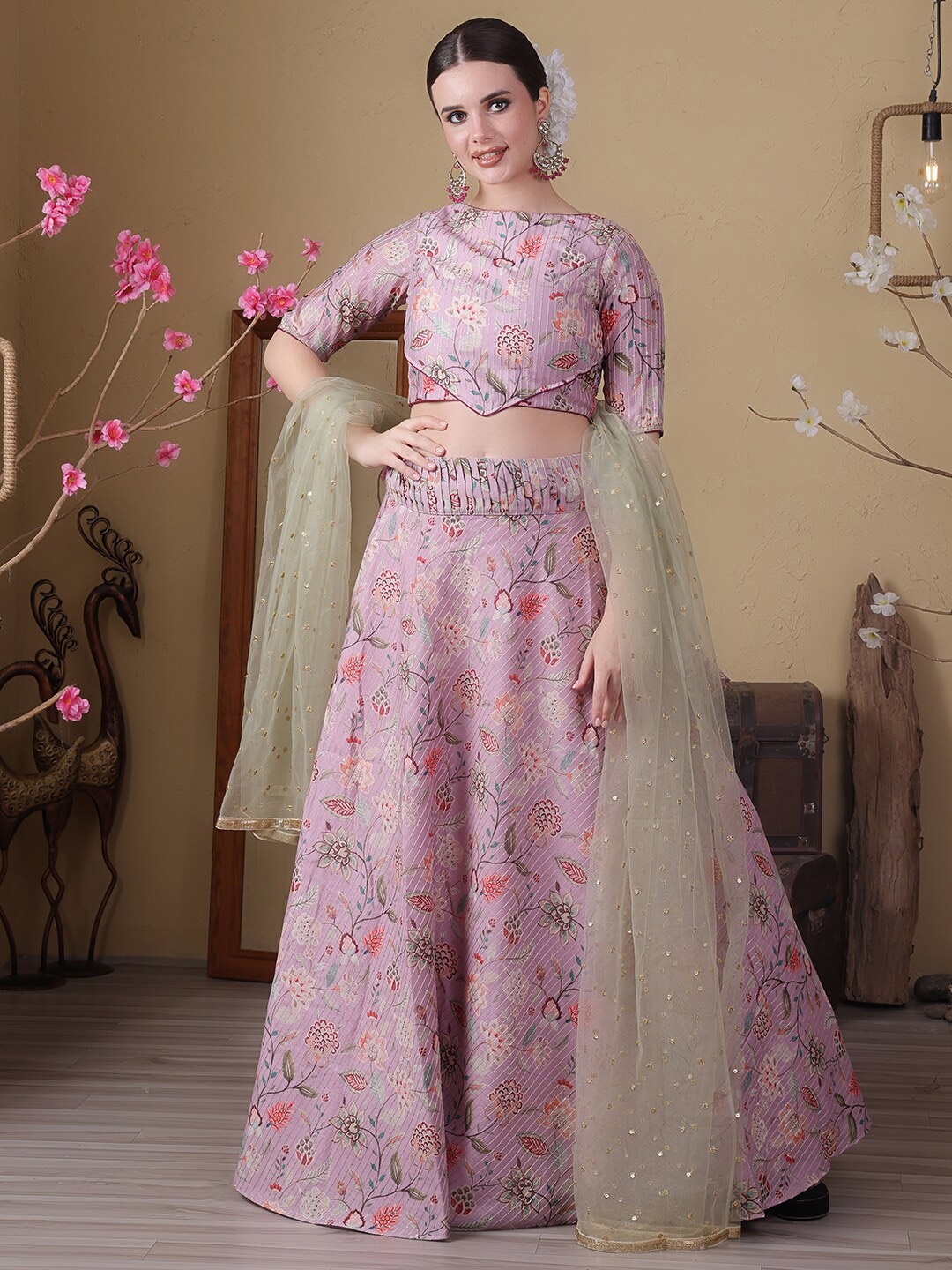 

Ethnovog Floral Printed Ready to Wear Lehenga & Blouse With Dupatta, Mauve