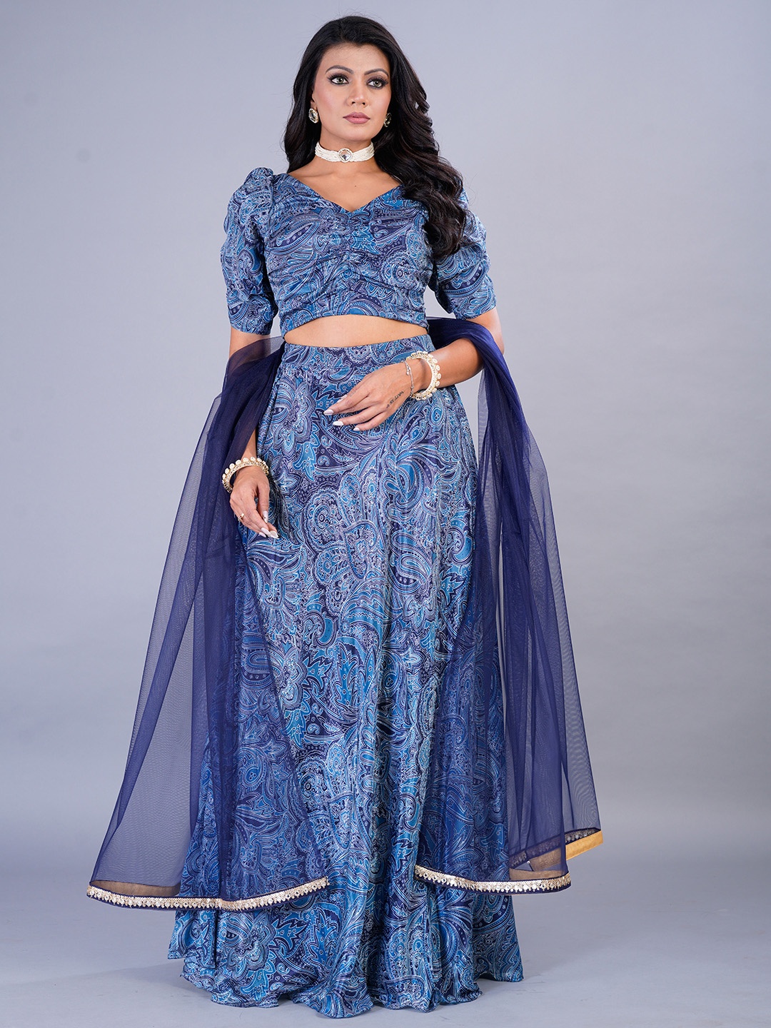 

Ethnovog Printed Ready to Wear Lehenga & Blouse With Dupatta, Blue