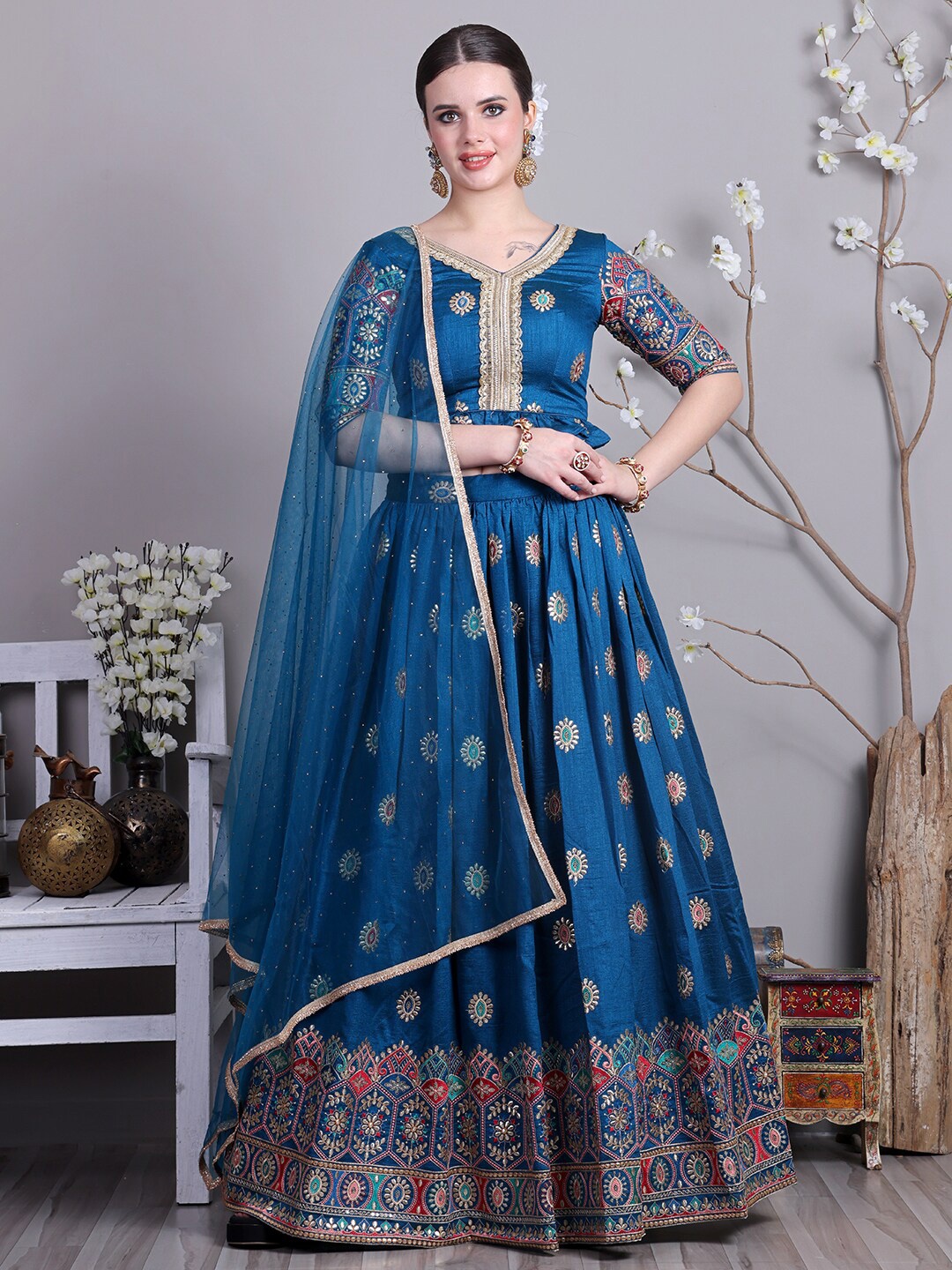 

Ethnovog Embroidered Ready to Wear Lehenga & Blouse With Dupatta, Blue