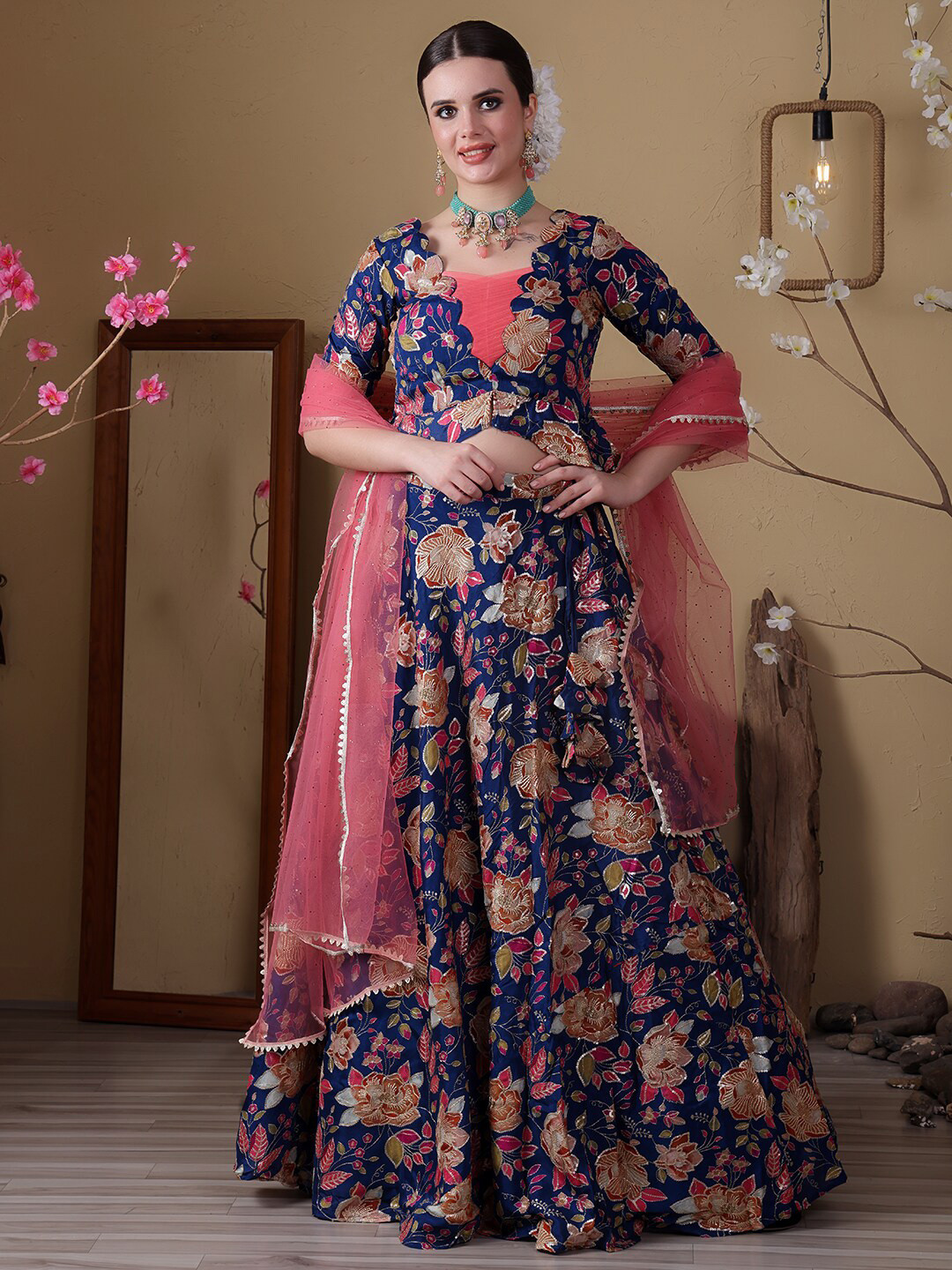 

Ethnovog Printed Sequinned Ready to Wear Lehenga & Blouse With Dupatta, Blue