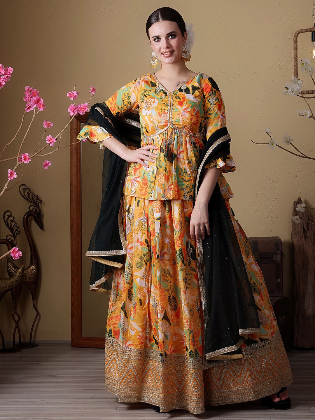 

Ethnovog Floral Printed Ready to Wear Lehenga & Blouse With Dupatta, Yellow