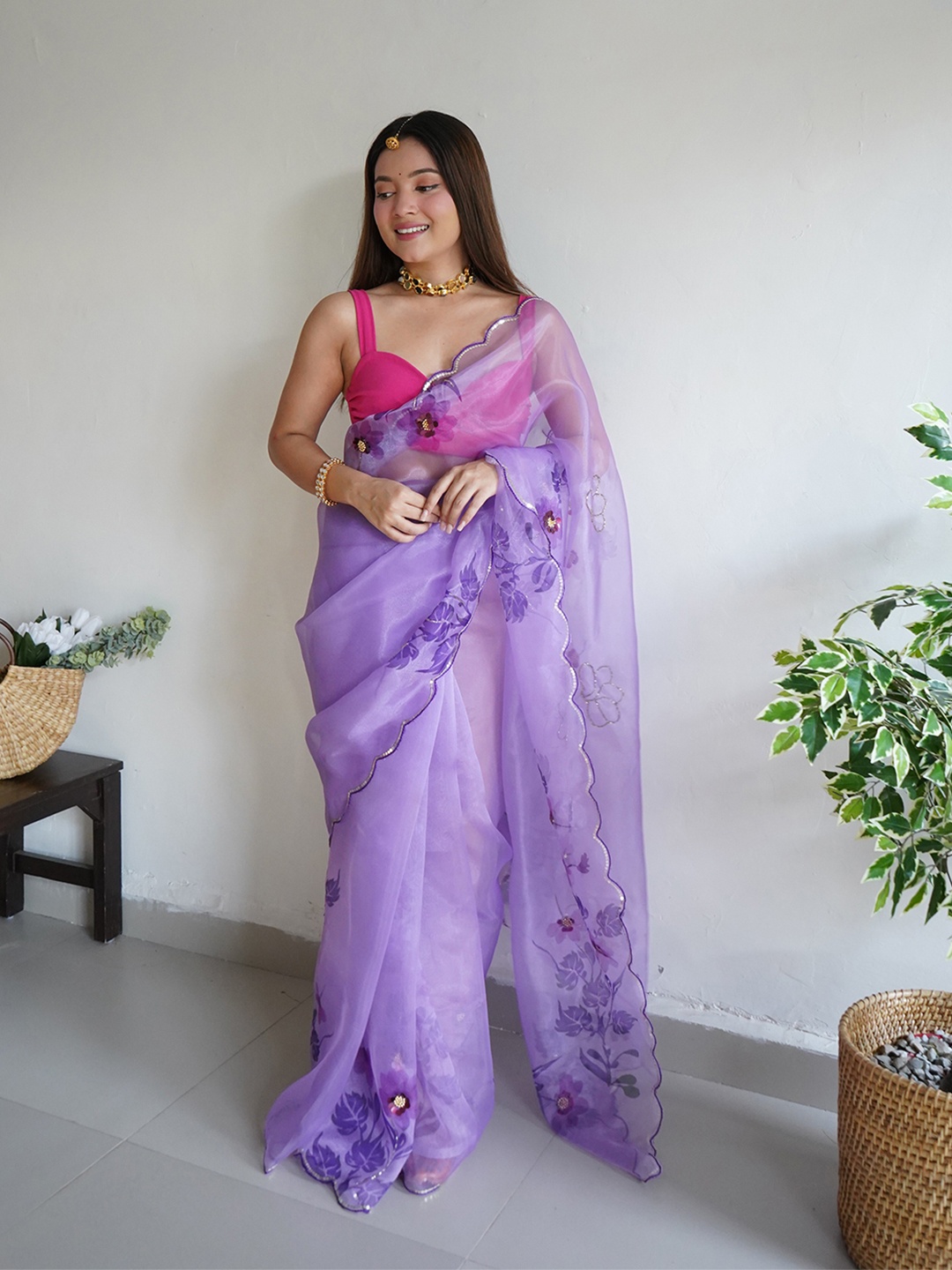 

SAREESBYCHIRAG Ethnic Motifs Embroidered Organza Saree, Purple