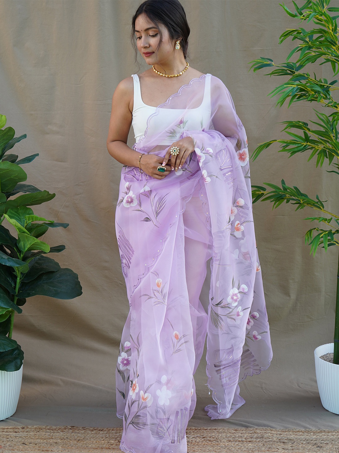 

SAREESBYCHIRAG Ethnic Motifs Embroidered Organza Saree, Purple