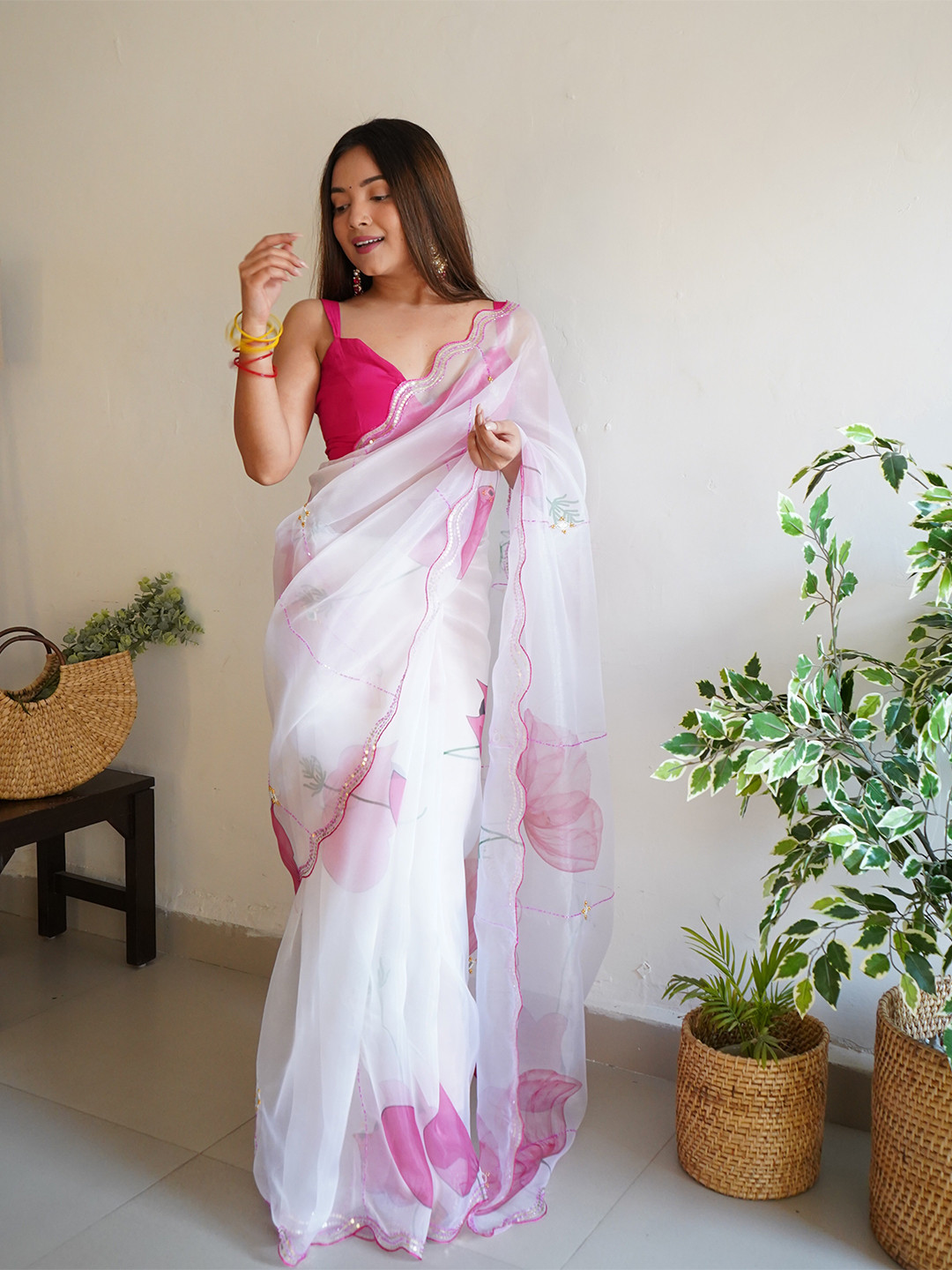 

SAREESBYCHIRAG Ethnic Motifs Embroidered Organza Saree, White