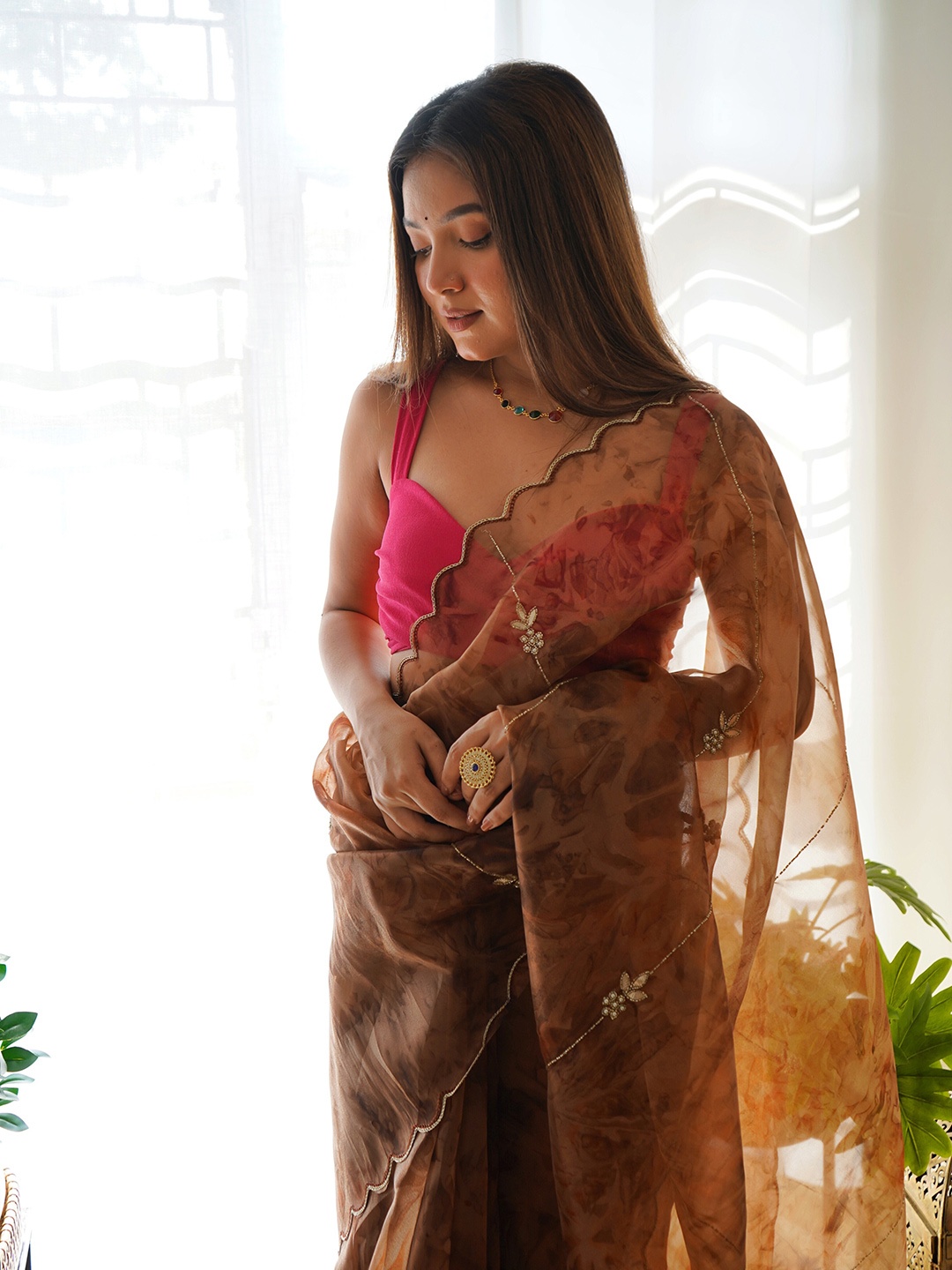 

SAREESBYCHIRAG Embellished Beads and Stones Organza Saree, Coffee brown