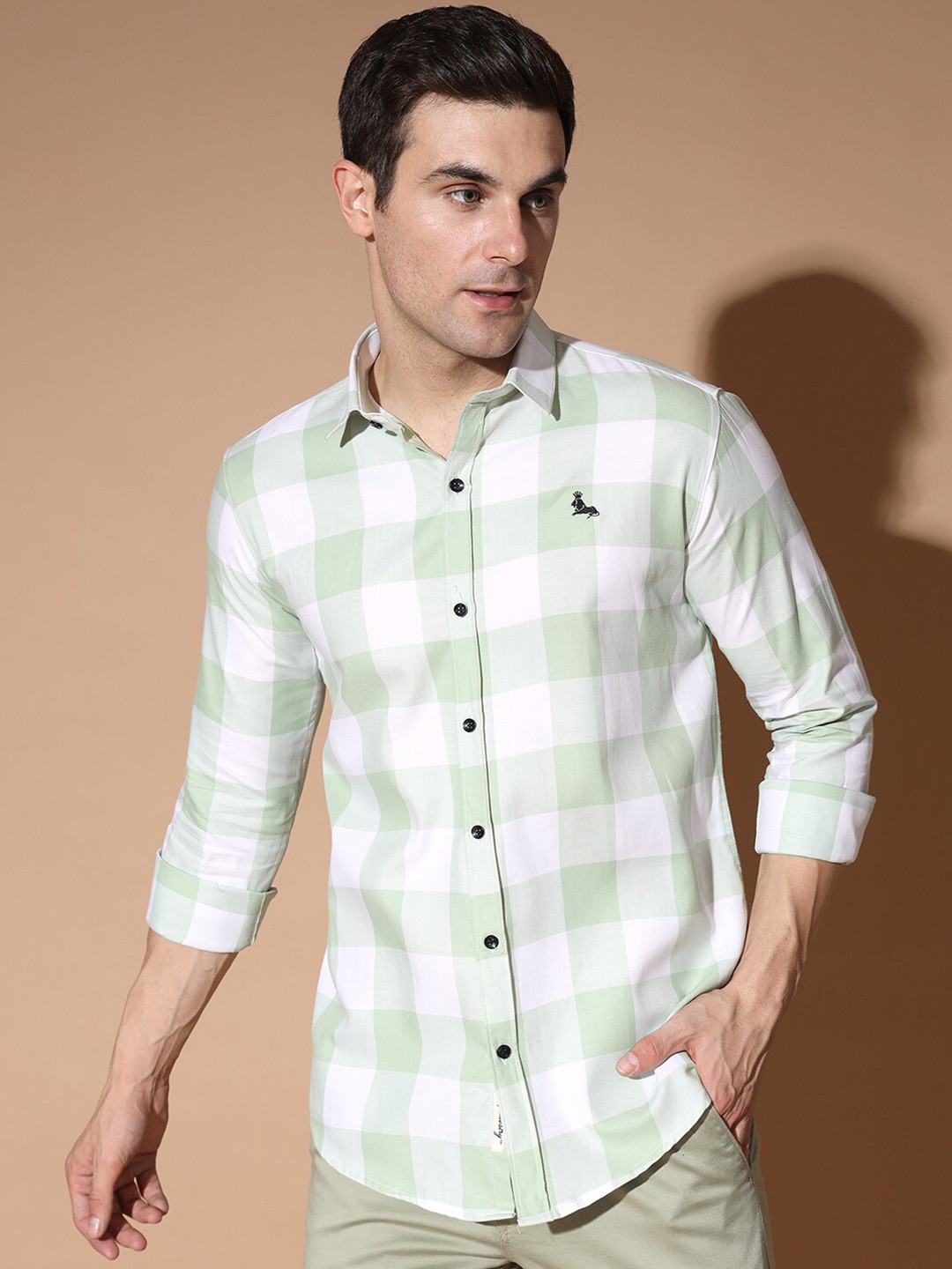 

RAMAESTRY Premium Spread Collar Buffalo Checks Casual Shirt, White