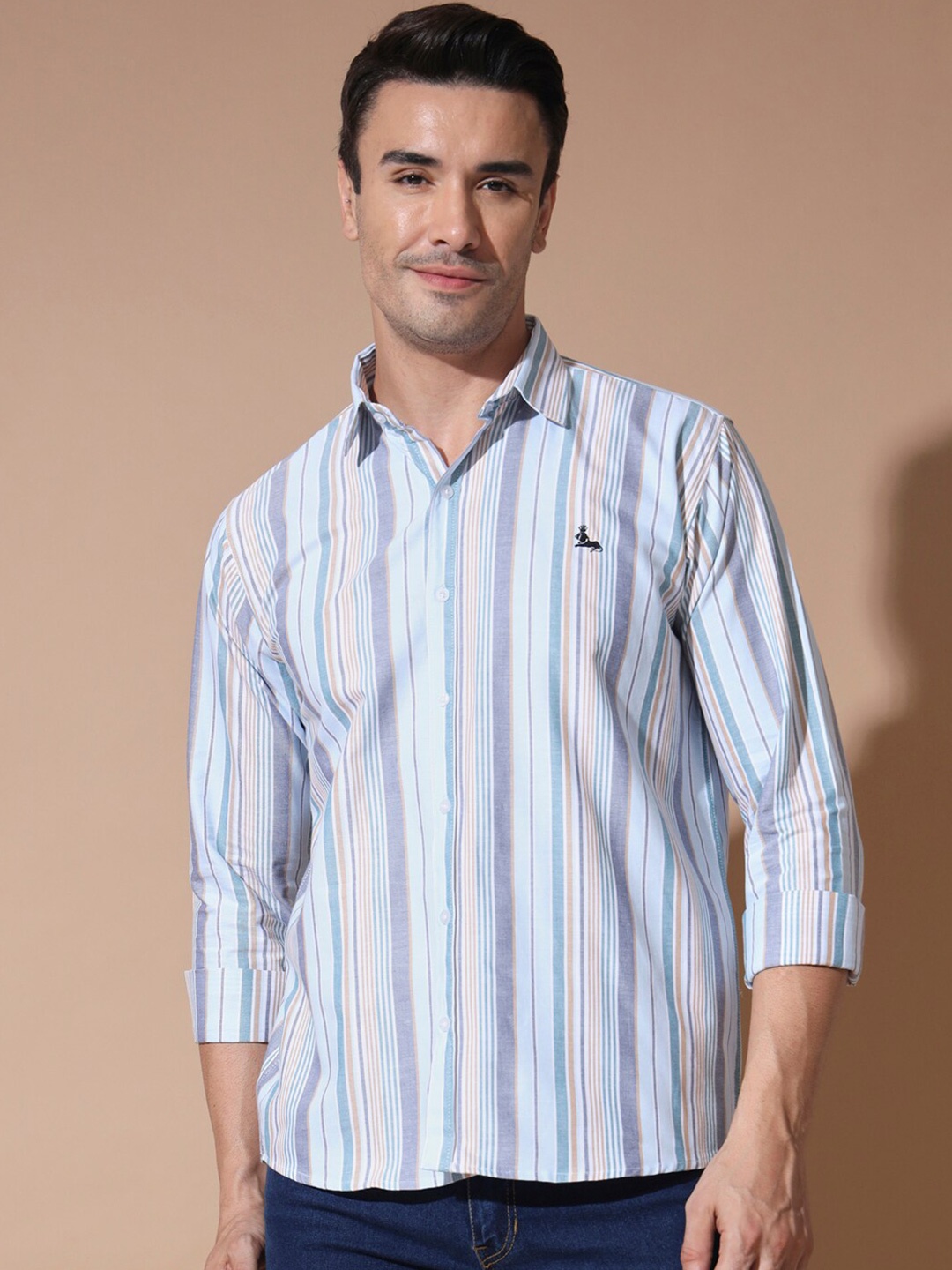 

RAMAESTRY Premium Multiple Vertical Stripes Oxford Casual Shirt, Blue