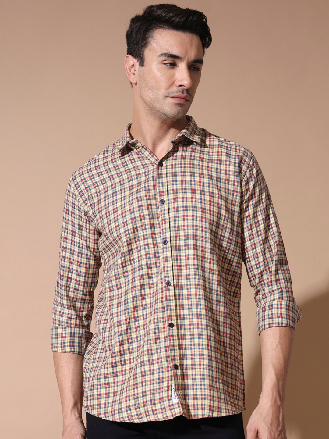 

RAMAESTRY Spread Collar Original Tartan Checks Opaque Casual Shirt, Beige