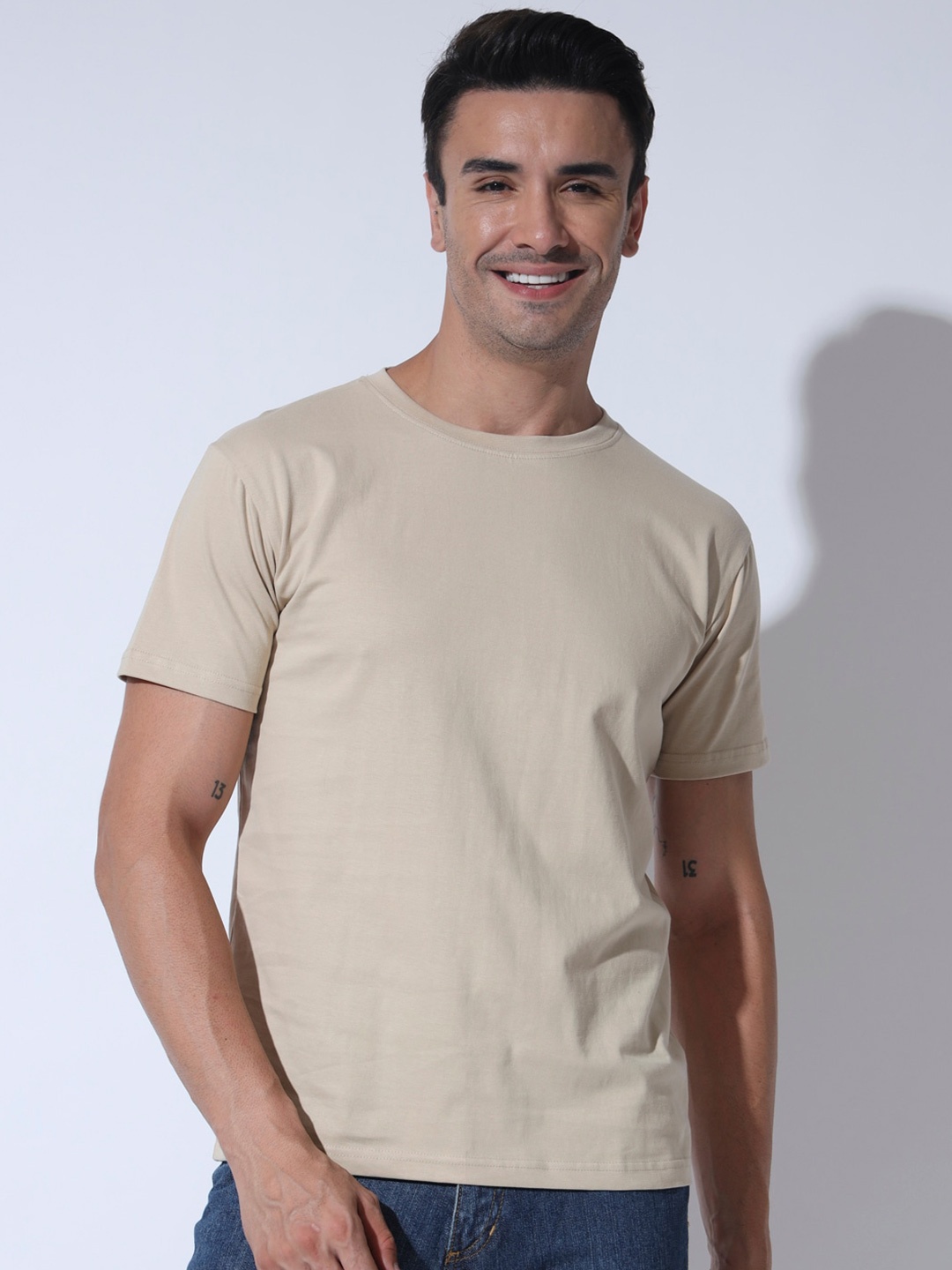 

RAMAESTRY Round Neck Cotton T-shirt, Beige