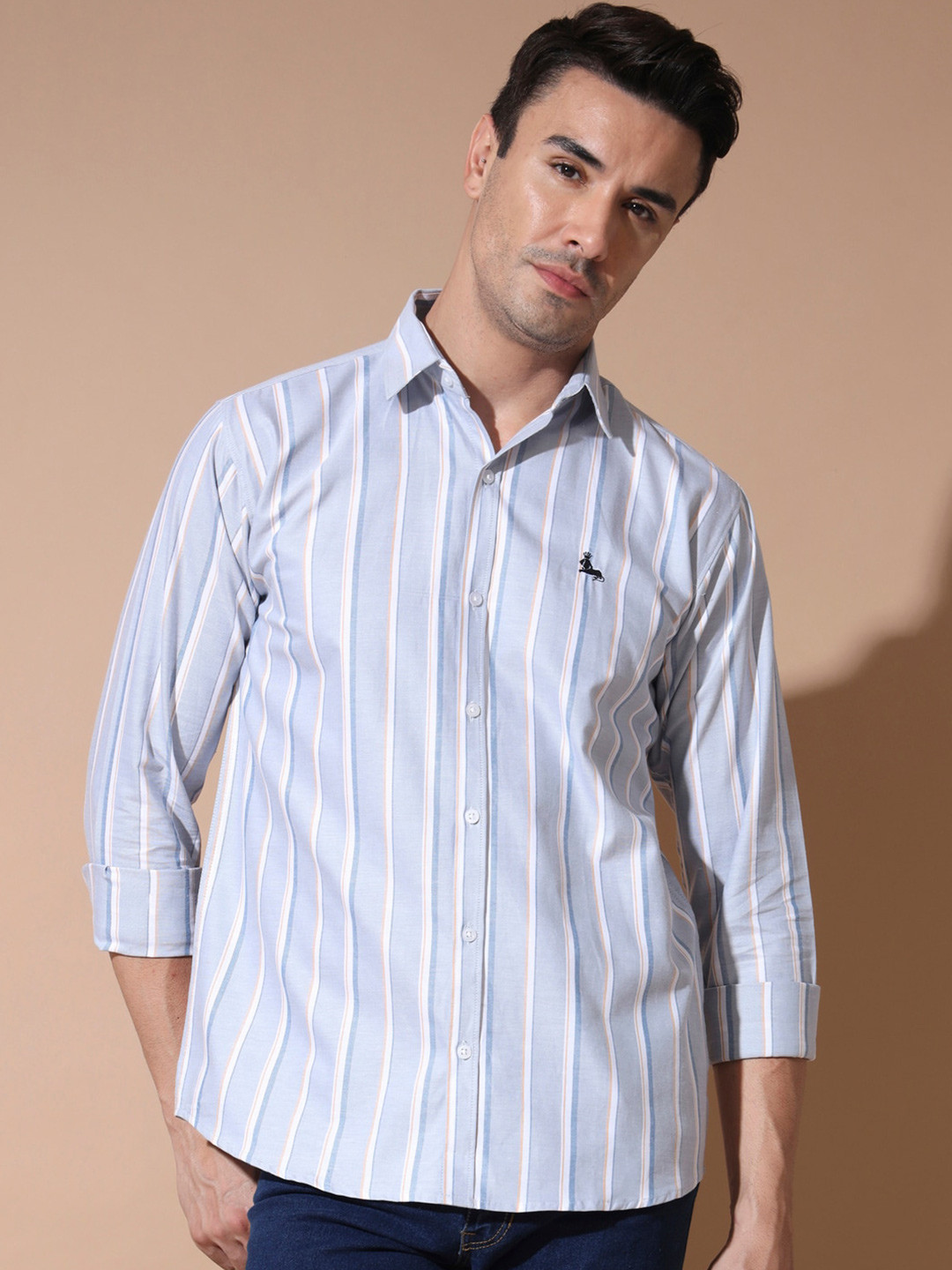 

RAMAESTRY Premium Grey Vertical Stripes Oxford Casual Shirt