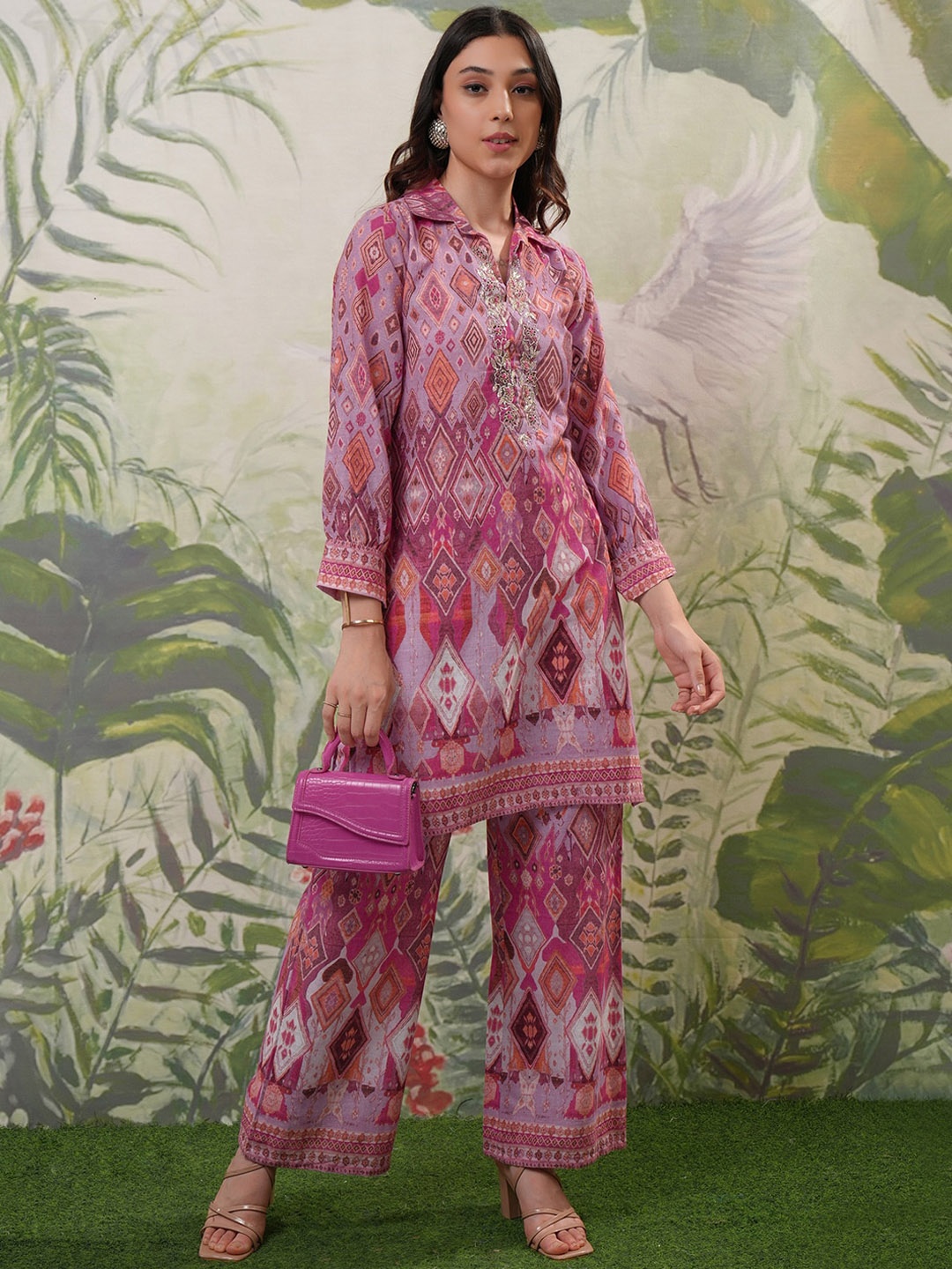 

Vishudh Pink Embroidered Shirt Collar Pure Cotton Tunic With Trousers
