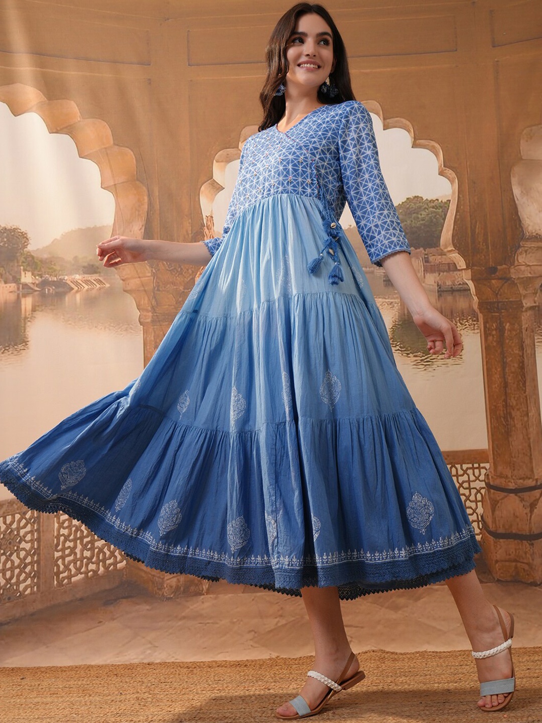

Vishudh Ethnic Motifs Printed V-Neck A-Line Midi Dress, Blue