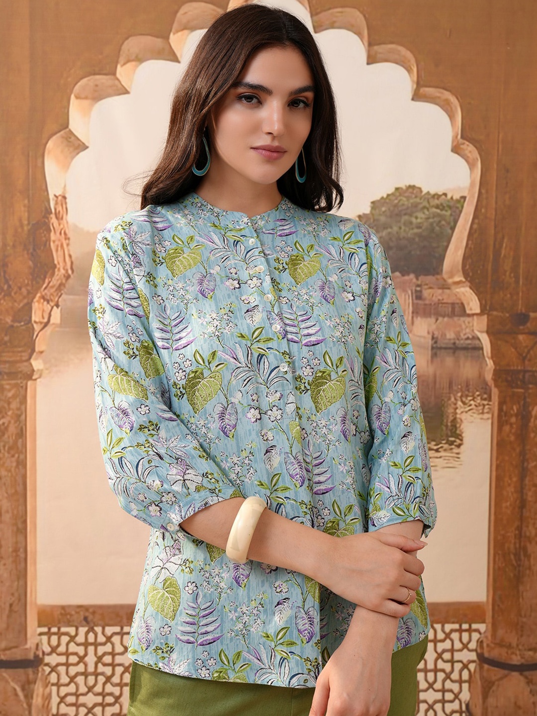 

Vishudh Floral Print Mandarin Collar Shirt Style Top, Blue