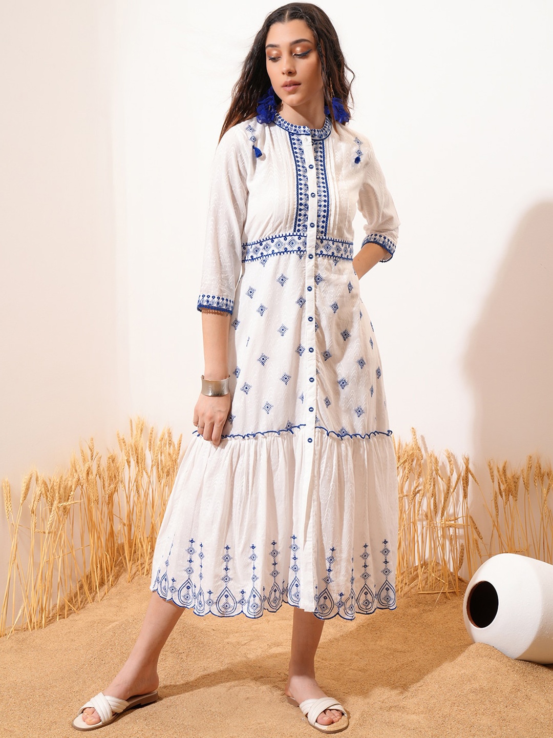 

Vishudh White Ethnic Motifs Embroidered Cotton Midi A-Line Dress