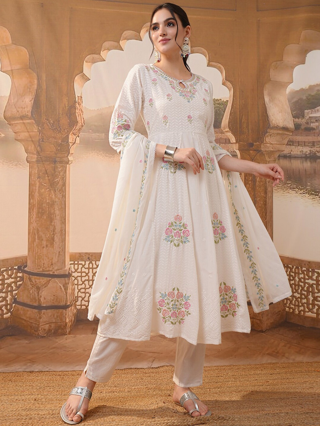 

Vishudh White Floral Embroidered Pure Cotton Anarkali Kurta With Trousers & Dupatta