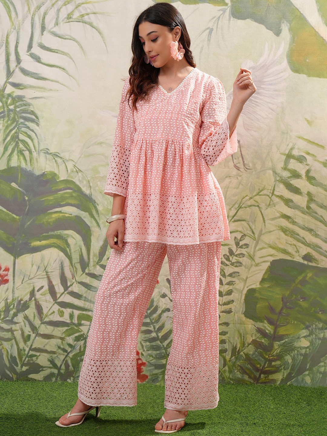 

Vishudh Peach Embroidered V-Neck Schiffli Pure Cotton Top With Palazzos