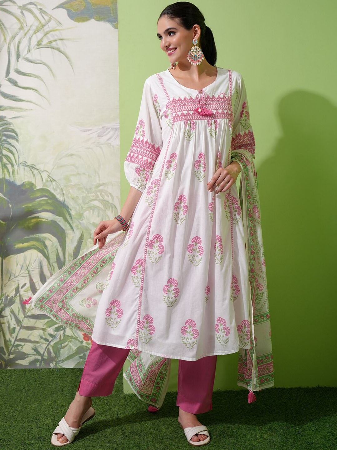 

Vishudh White Floral Printed Tie-Up Neck Cotton Anarkali Kurta With Trousers & Dupatta