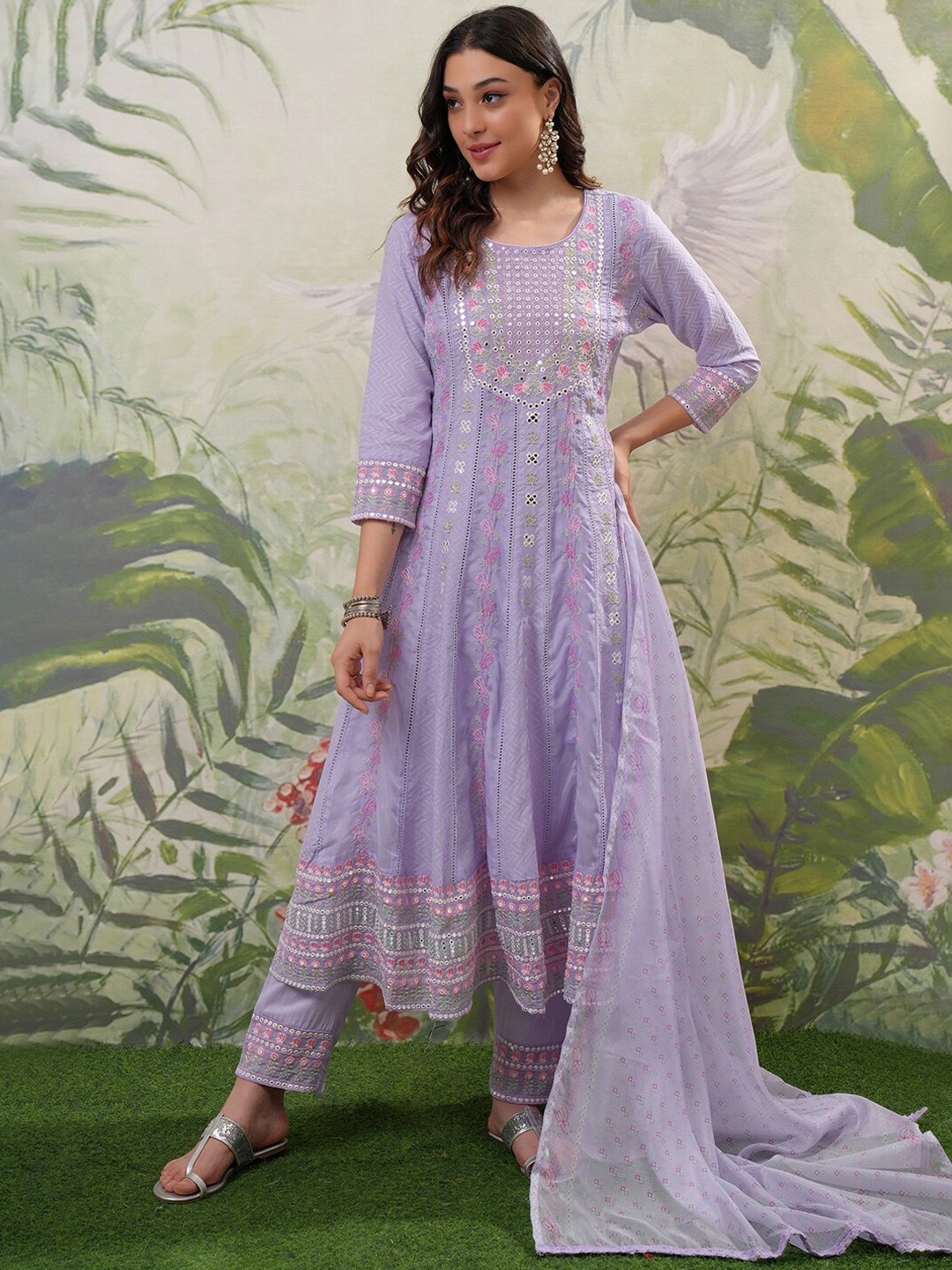 

Vishudh Purple Floral Embroidered Regular Kurta with Trouser & Dupatta