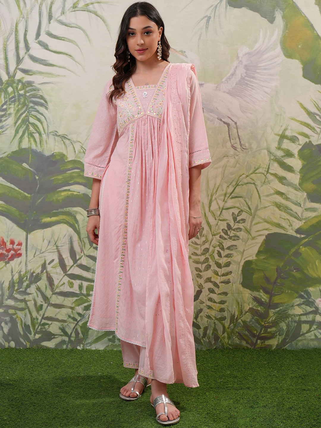 

Vishudh Pink Floral Embroidered Pure Cotton A-Line Empire Kurta With Trousers & Dupatta