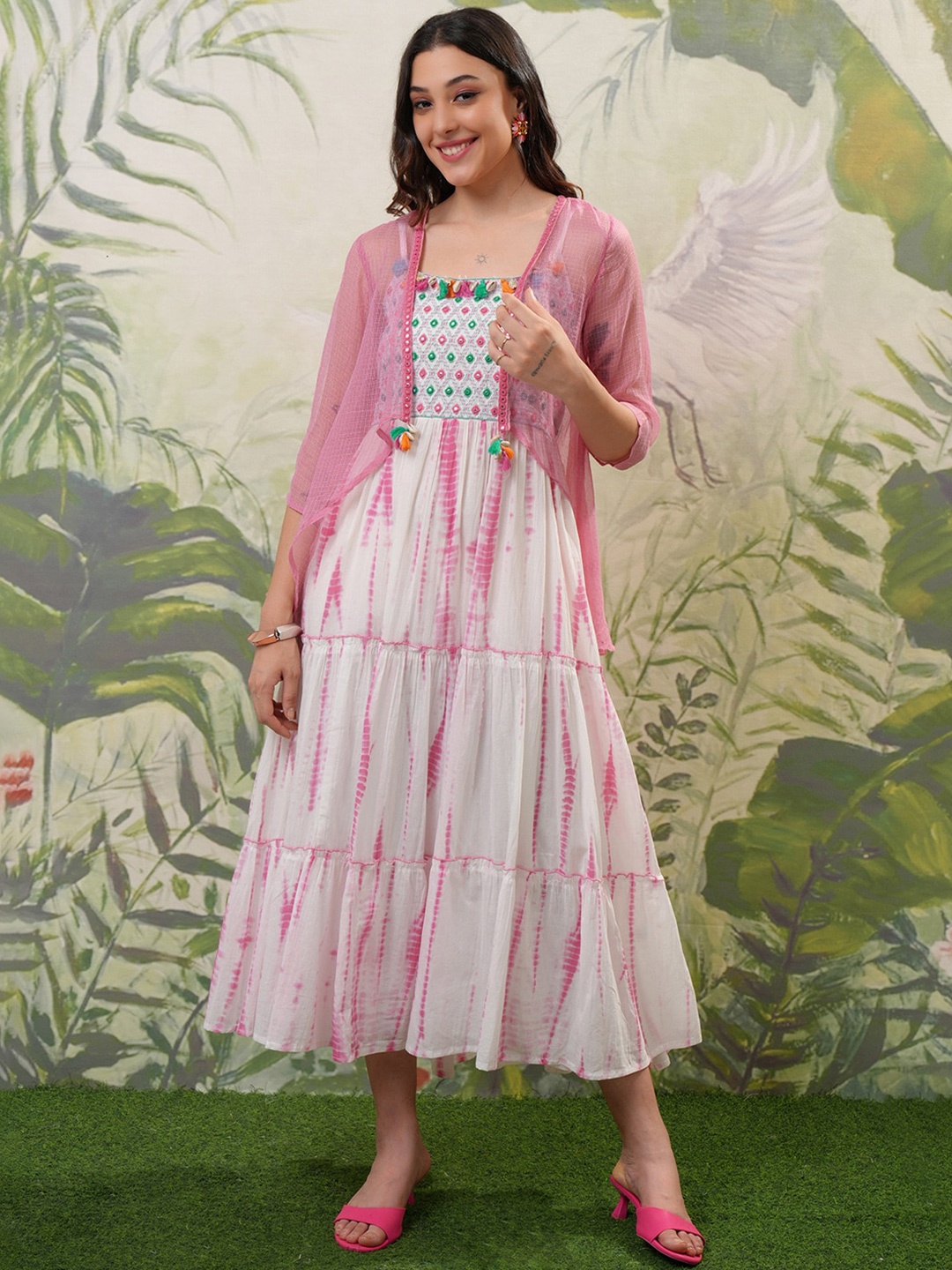 

Vishudh Pink Floral Printed Smocked Tiered Cotton Midi A-Line Dress With Shrug