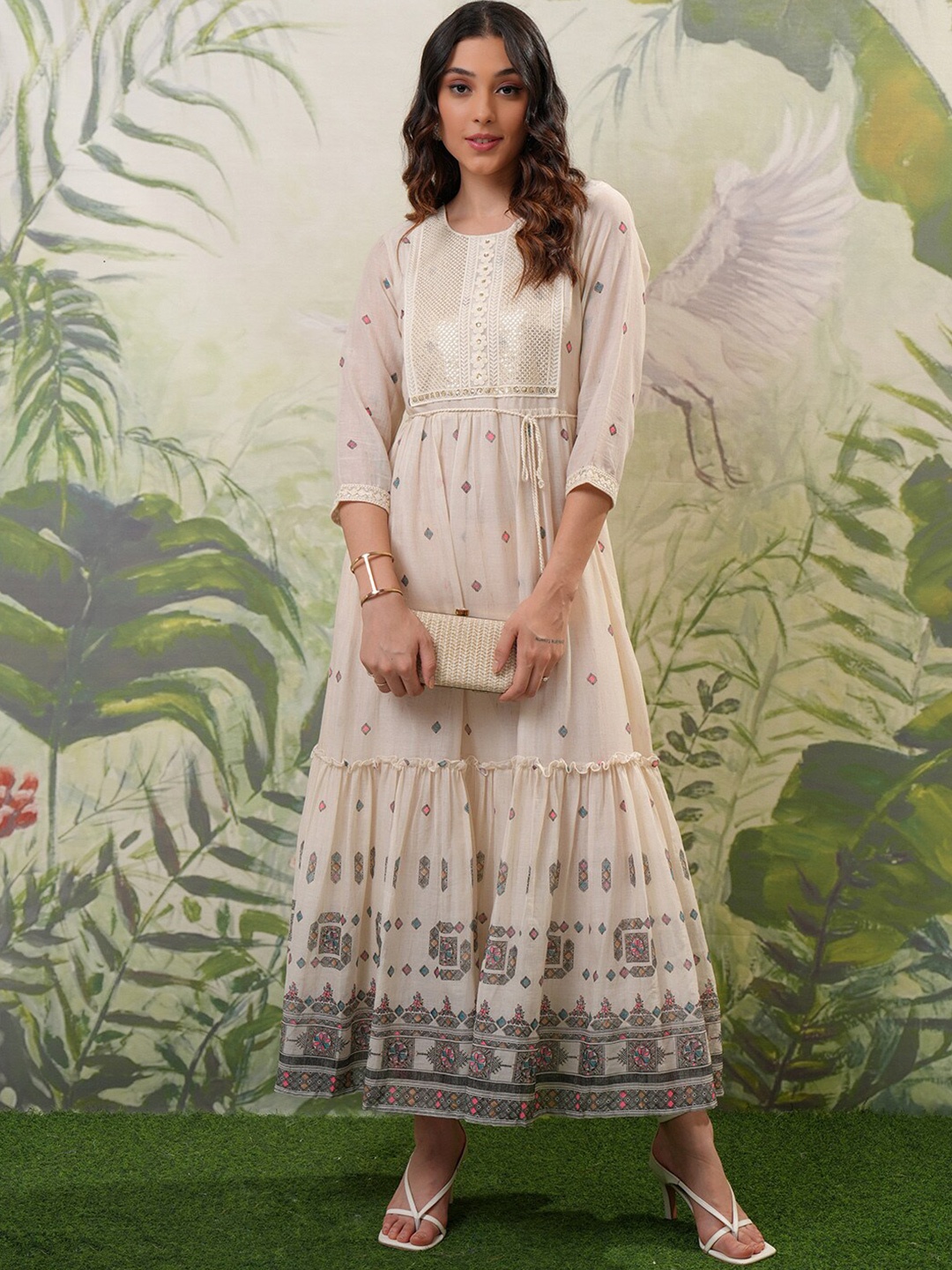 

Vishudh Cream Coloured Printed Sequined Tiered Cotton Maxi Fit & Flare Dress With Belt