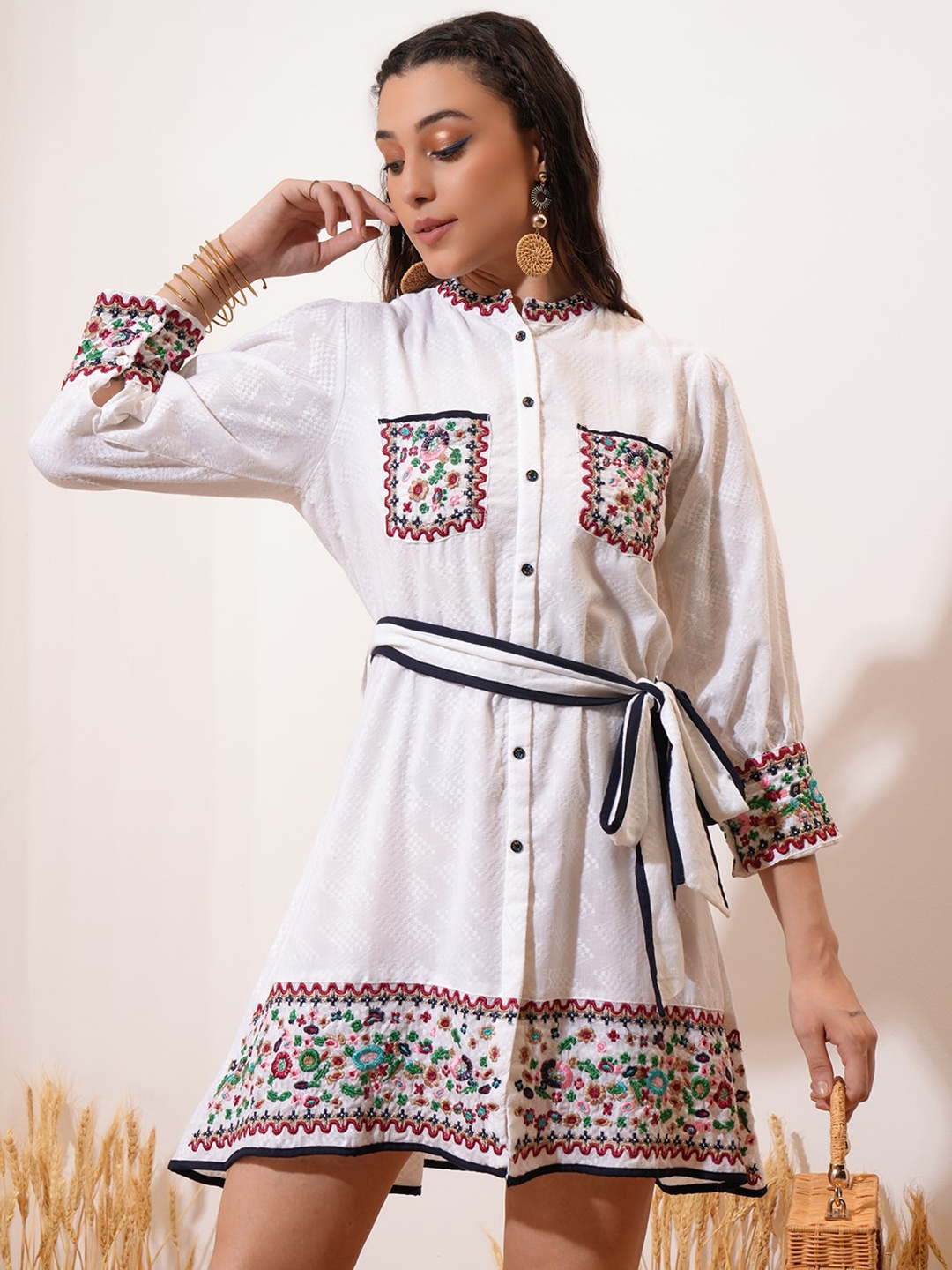 

Vishudh Off White Floral Embroidered Cotton A-Line Dress With Belt