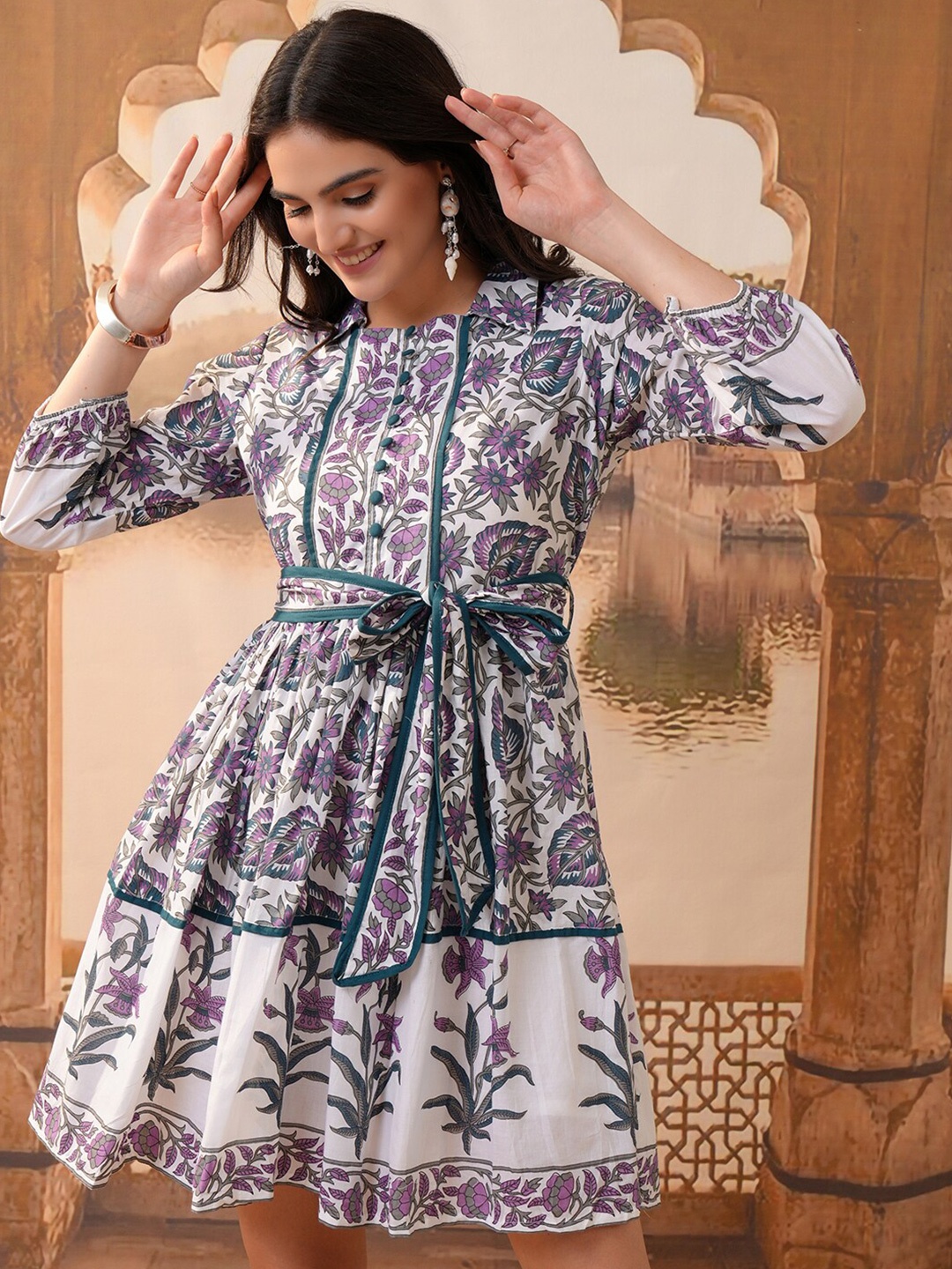 

Vishudh Purple Floral Printed Shirt Collar Tie-Ups Cotton Fit & Flare Dress With Belt