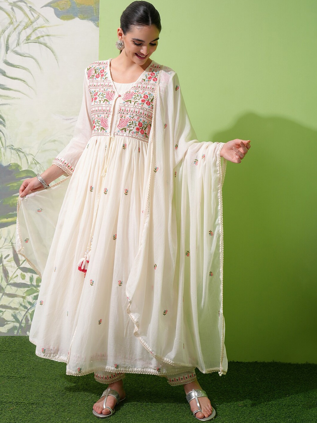 

Vishudh White Floral Embroidered Empire Pure Cotton Kurta with Trouser & Dupatta