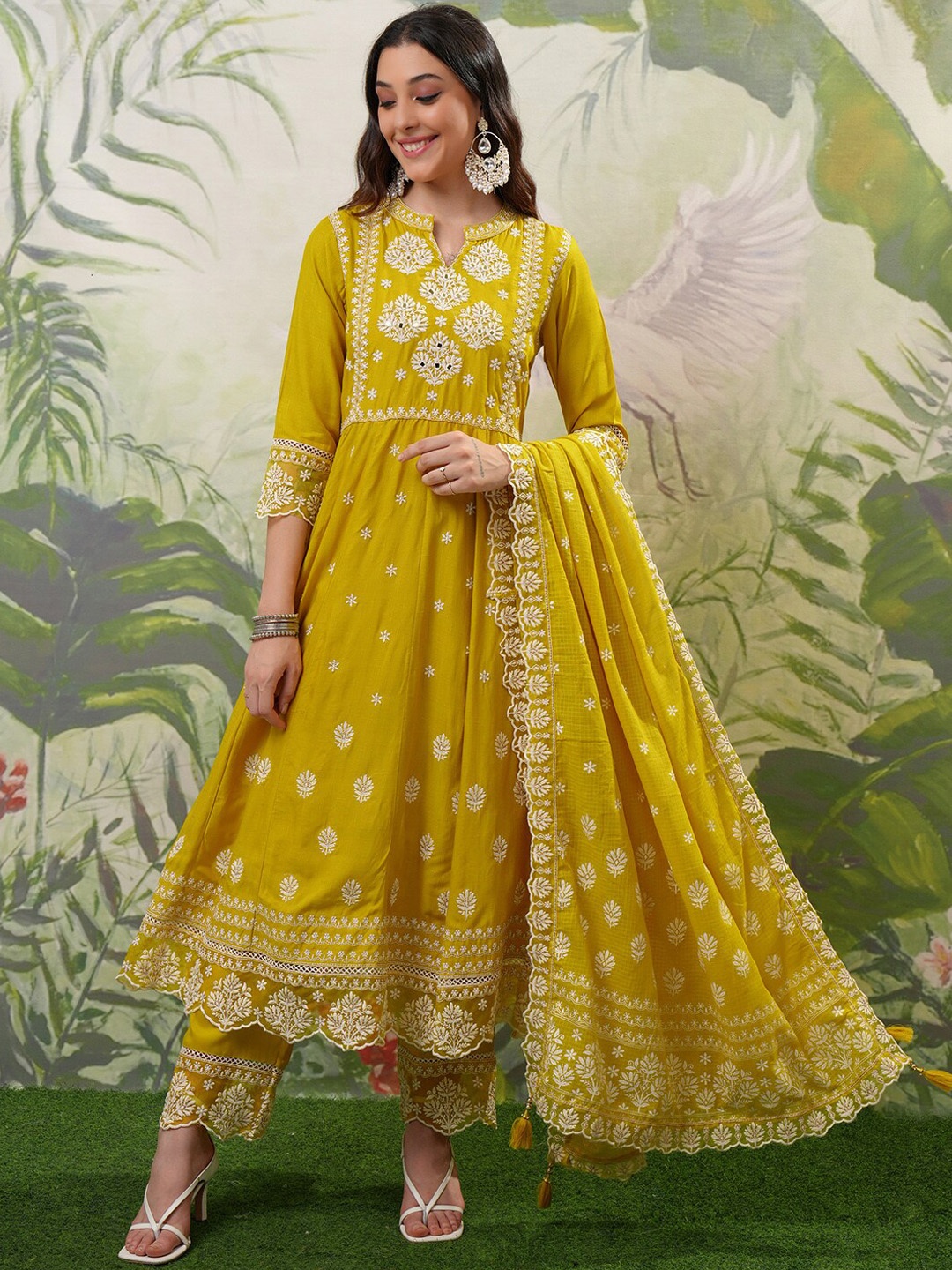 

Vishudh Mustard Yellow Embroidered Mirror Work Anarkali Kurta With Trousers & Dupatta, Green
