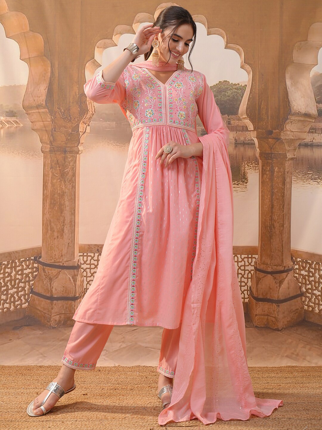 

Vishudh Pink Embroidered Sequinned Pure Cotton A-Line Kurta With Trousers & Dupatta