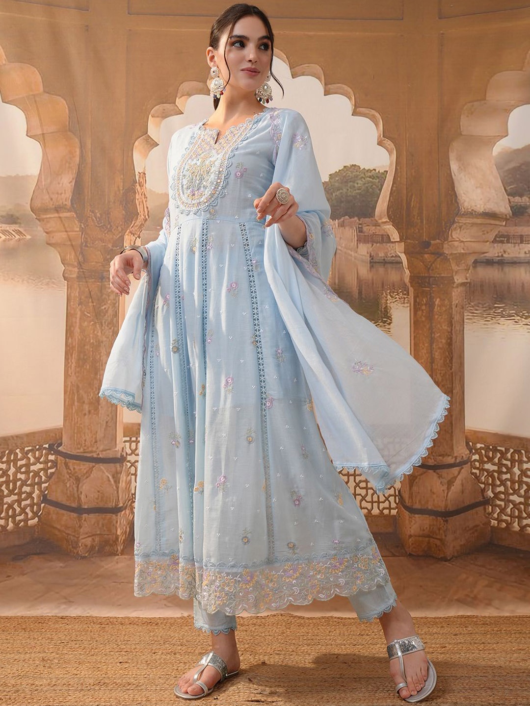 

Vishudh Blue Embroidered Mirror Worrk Pure Cotton Anarkali Kurta With Trousers & Dupatta