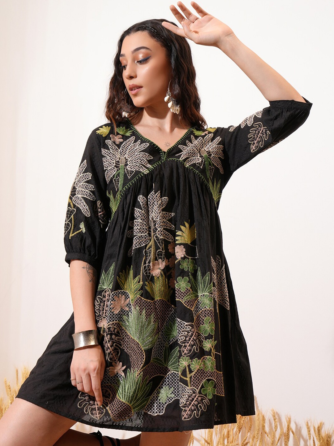 

Vishudh Black Floral Embroidered Gathered Cotton Empire Dress