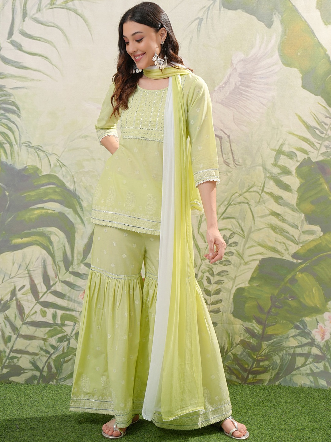 

Vishudh Ethnic Motifs Printed Regular Sequinned Pure Cotton Kurti with Sharara & Dupatta, Lime green