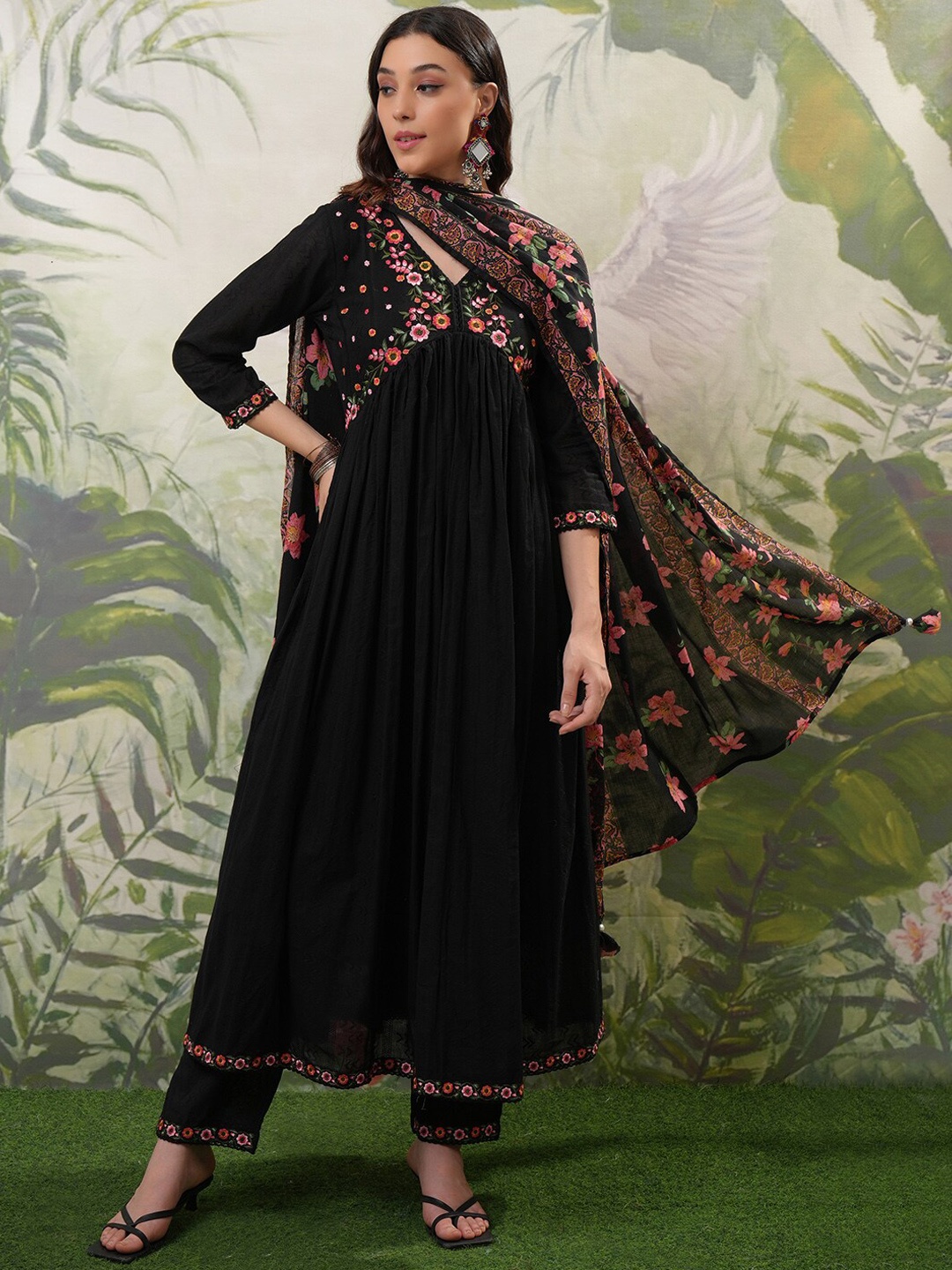

Vishudh Black Yoke Design Thread Work Pure Cotton A-Line Kurta With Trousers & Dupatta