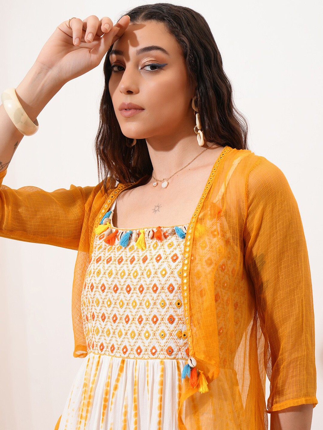 

Vishudh Printed Maxi Dress With Shrug, Mustard