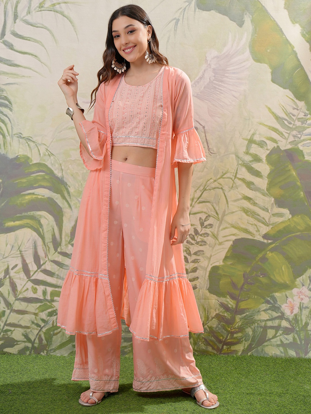 

Vishudh Peach Embroidered Regular Kurta With Palazzos & Shrug