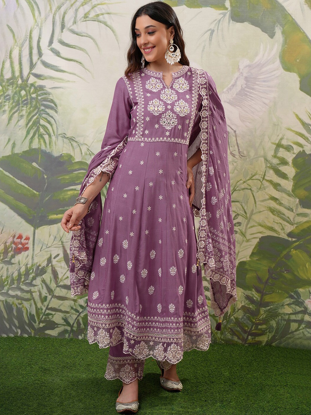 

Vishudh Purple Floral Embroidered Anarkali Panelled Kurta With Trousers & Dupatta