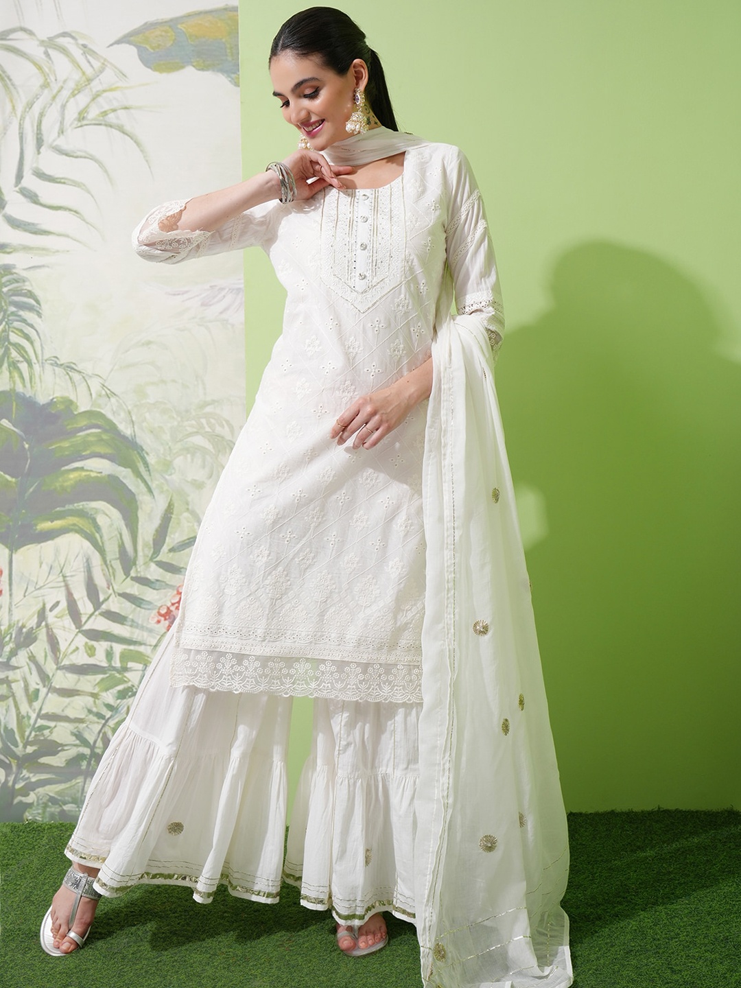 

Vishudh Off White Thread Work Straight Pure Cotton Kurta With Sharara & Dupatta