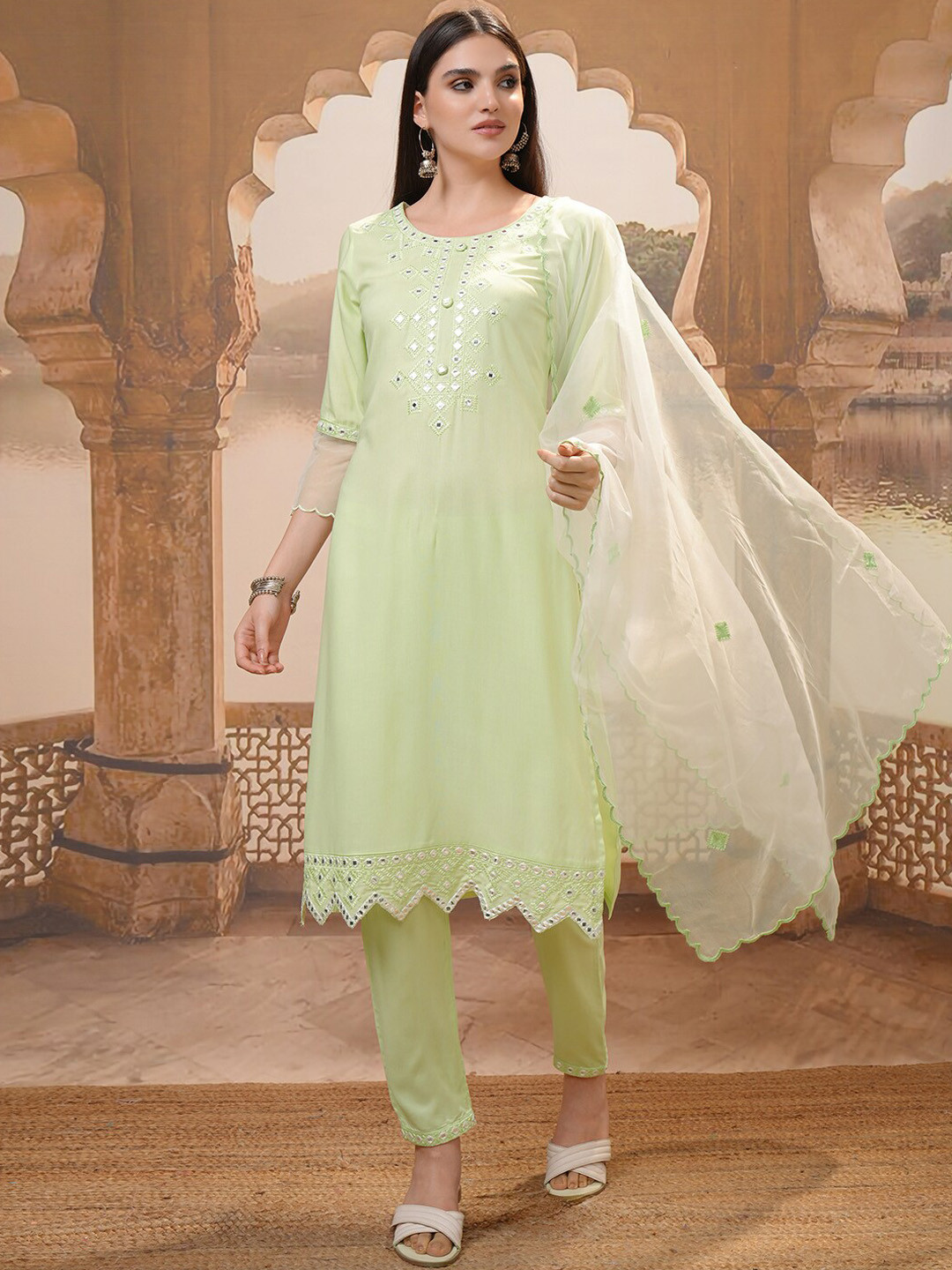 

Vishudh Embroidered Regular Kurta with Trousers & With Dupatta, Green